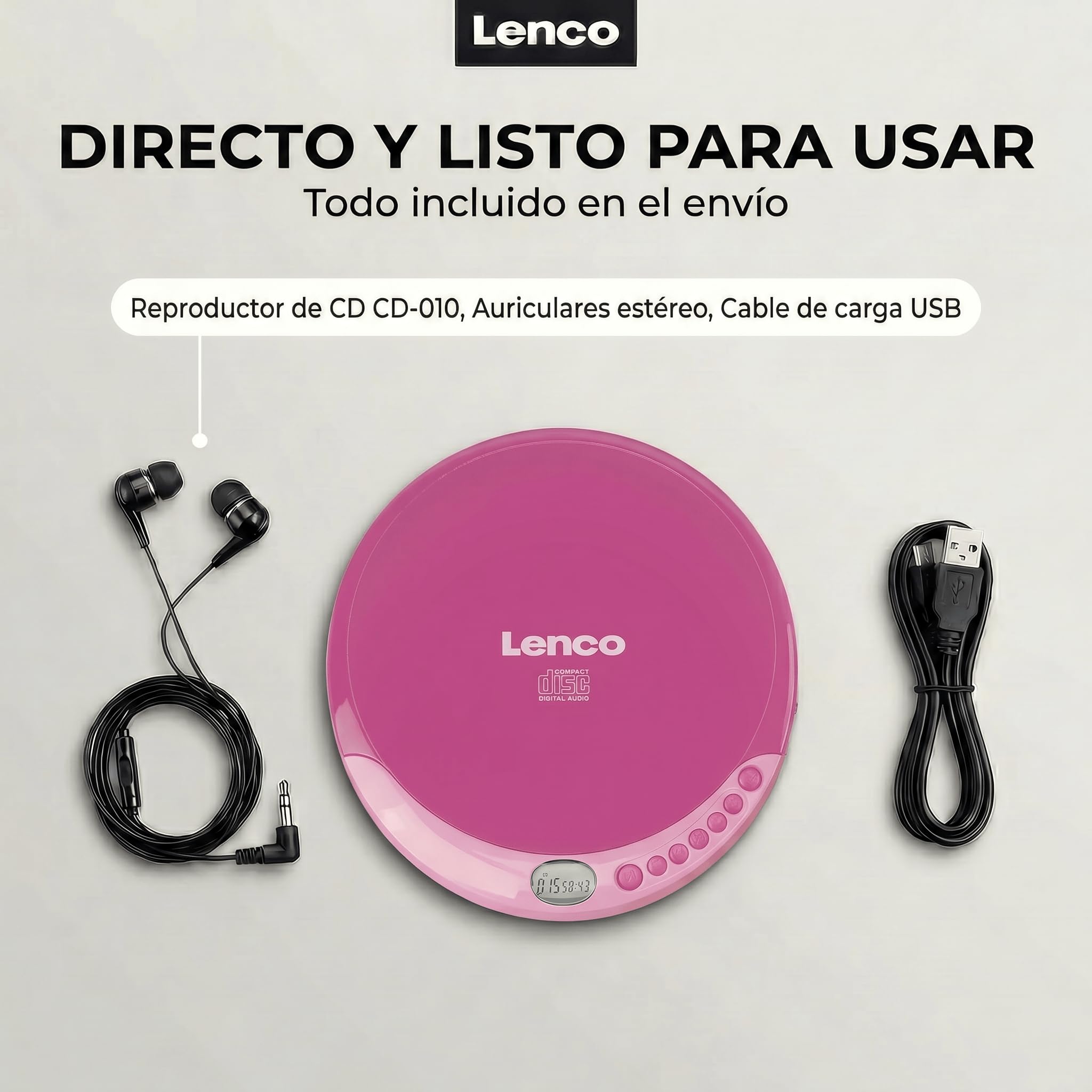 Lenco CD-011PK - Reproductor de CD portátil con función de carga de batería - Pantalla LCD - Diskman - CD walkman - con auriculares y cable de carga micro USB - Rosa