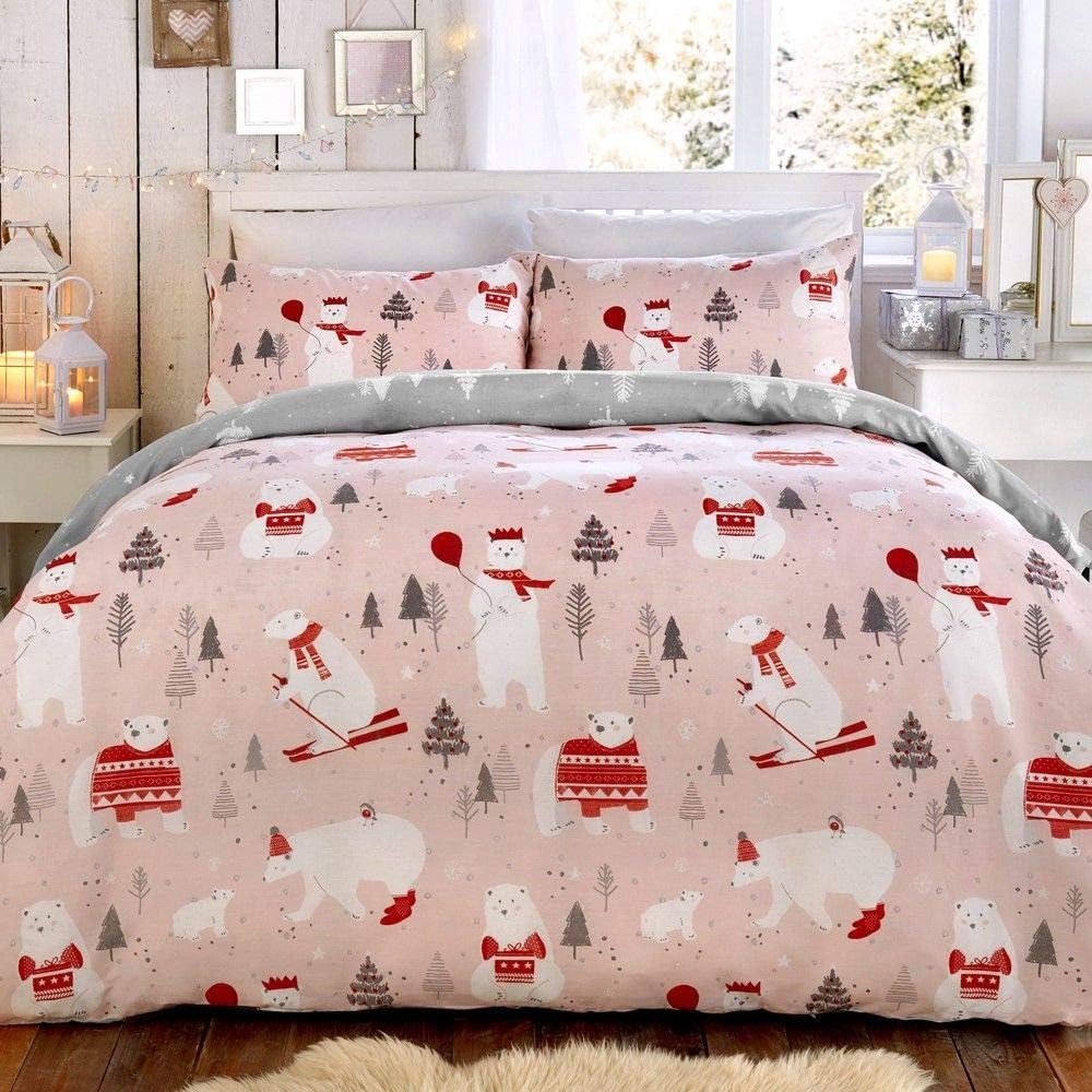 Bedlam Christmas - Polar Bears - Easy Care Duvet Cover Set | Single Bed Size | Pink Bedding