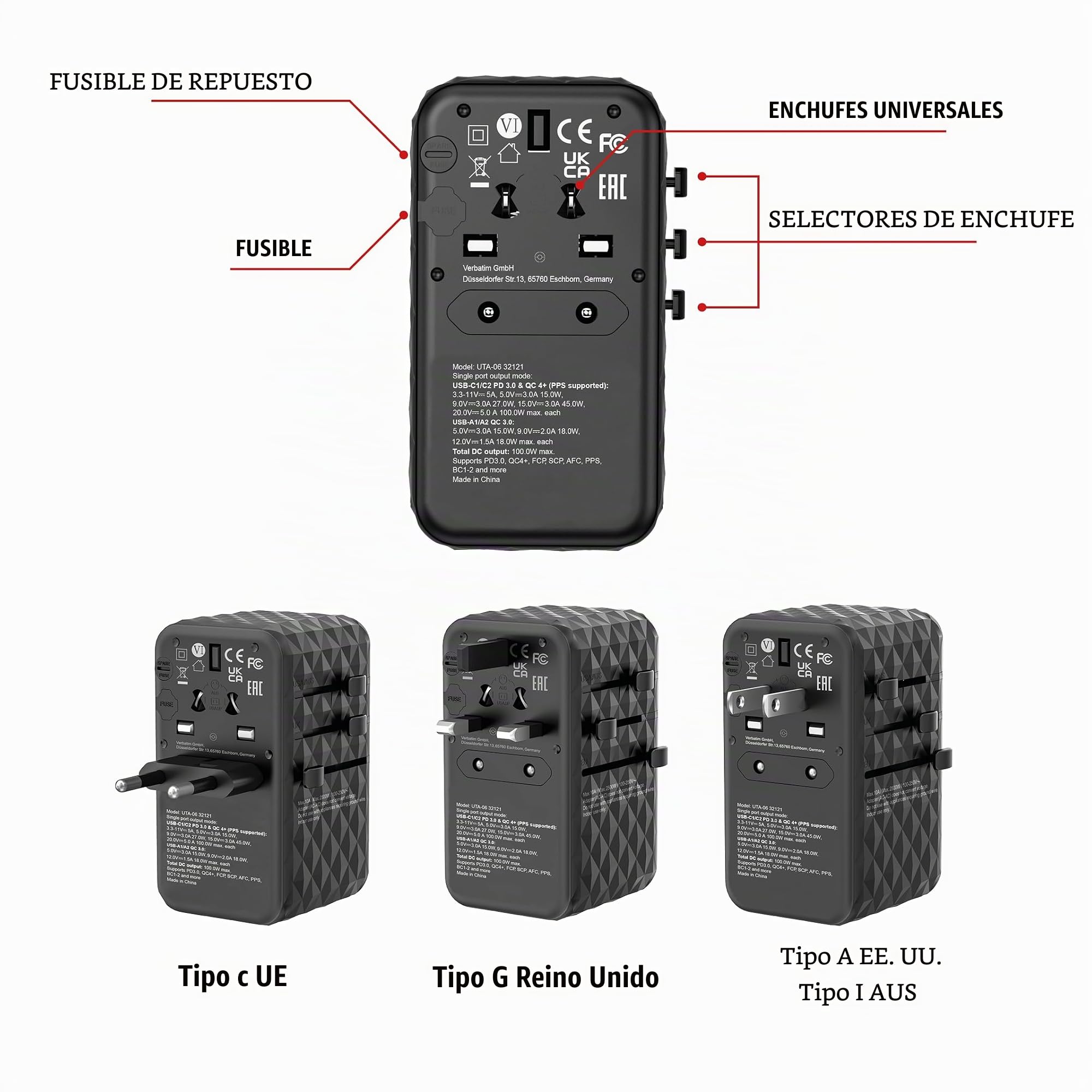 Adaptador Verbatim Negro Gris 100 W