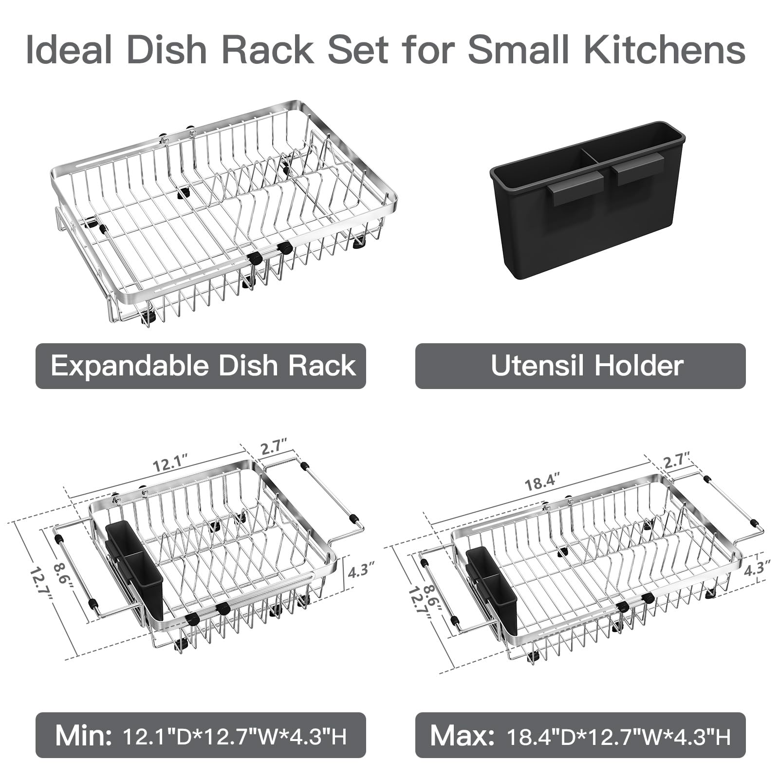 MAJALiS Escurridor de platos sobre el fregadero, escurridor de platos extensible de acero inoxidable para encimera de cocina pequeña, ahorro de espacio, colador compacto de placa de metal plateado con