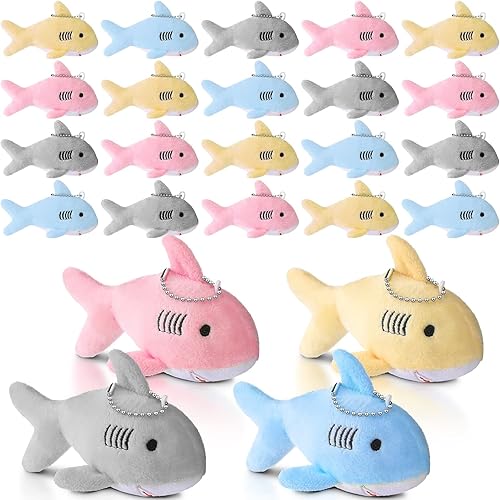 Miniatura 7 de Zubebe 24 llaveros de tiburón a granel, llavero de tiburón de peluche, mini mochila de peluche de tiburón a granel, llavero suave con clip para