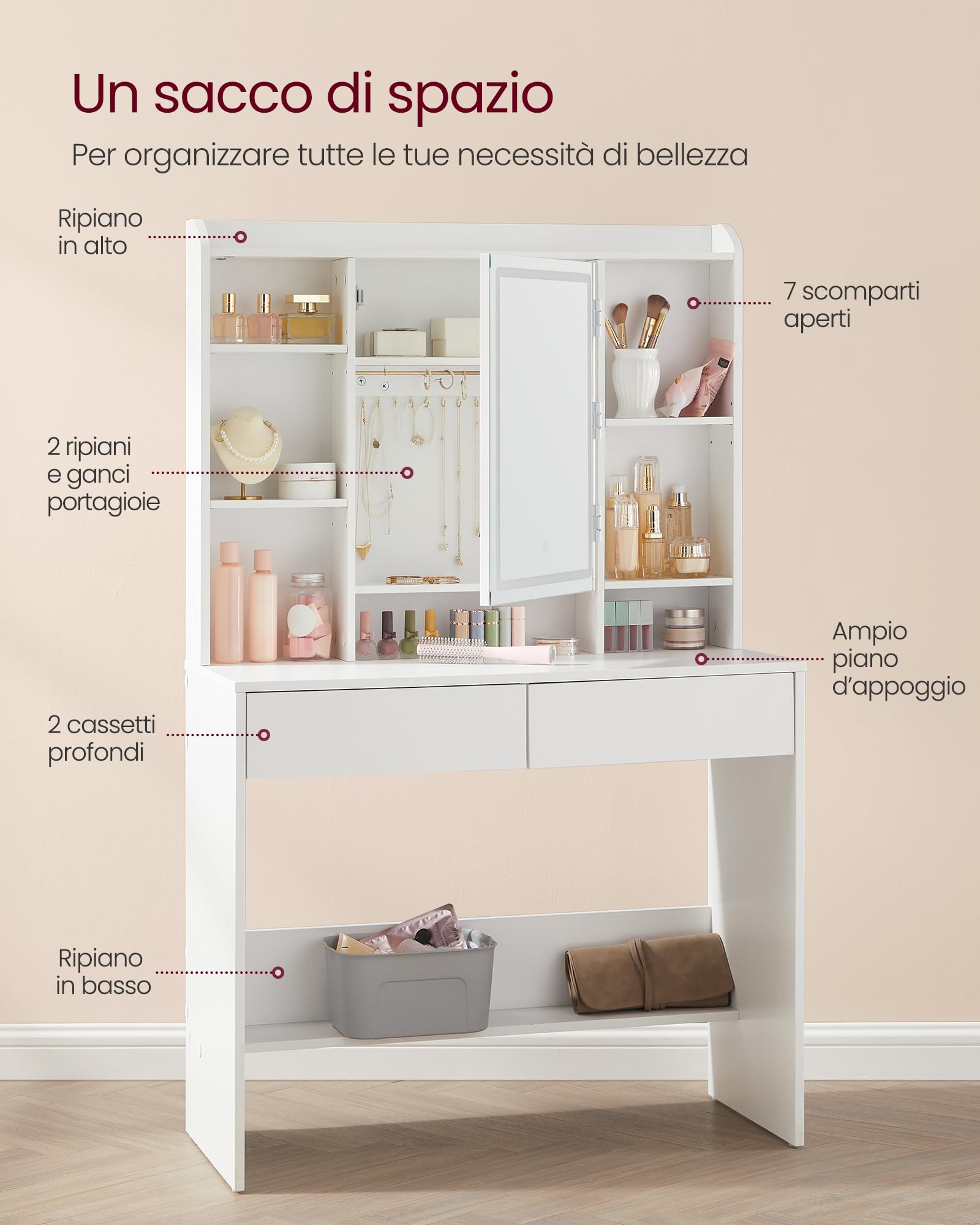 VASAGLE KAILYN Collezione - Toeletta con Luci LED 3 Colori con Luminosità Regolabile, Tavolo da Trucco con Specchio, Ripiani Regolabili, 2 Cassetti, Postazione Trucco, Bianco RDT123WB01