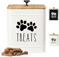 PERFNIQUE Airtight Dog Treat Container Jar - Large 12+ Cup Capacity, Bamboo Lid Seal, White Farmhouse Metal Pet Food Storage for Kitchen Counter