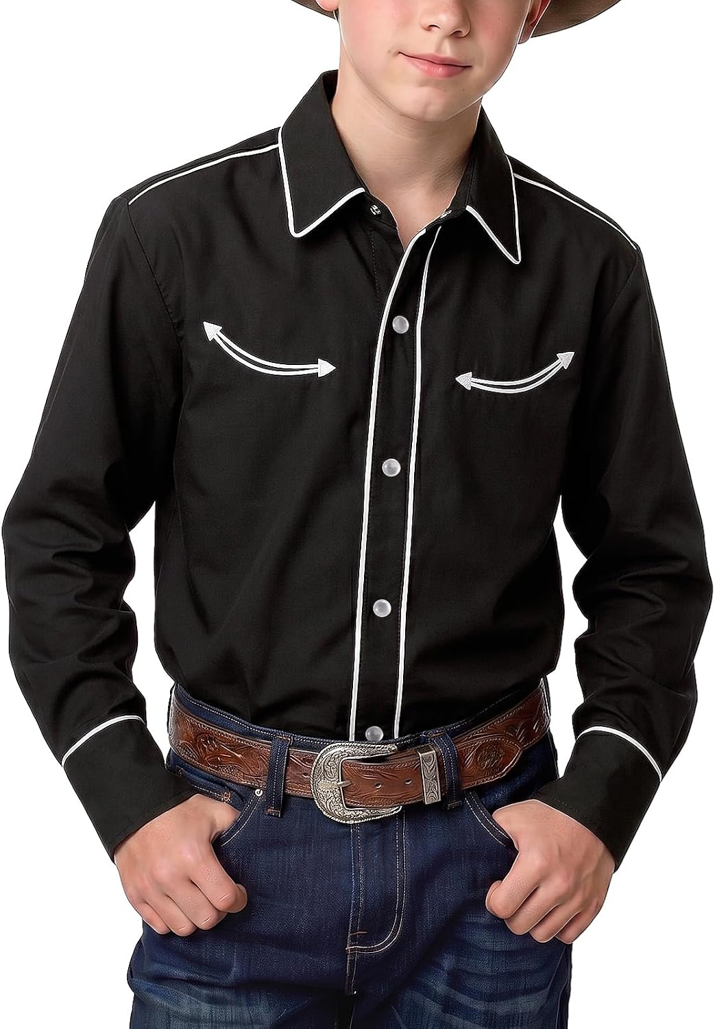 Spring&Gege Boys' Western Cowboys Shirt Long Sleeve Embroidered Pearl Snap Button Down Shirts