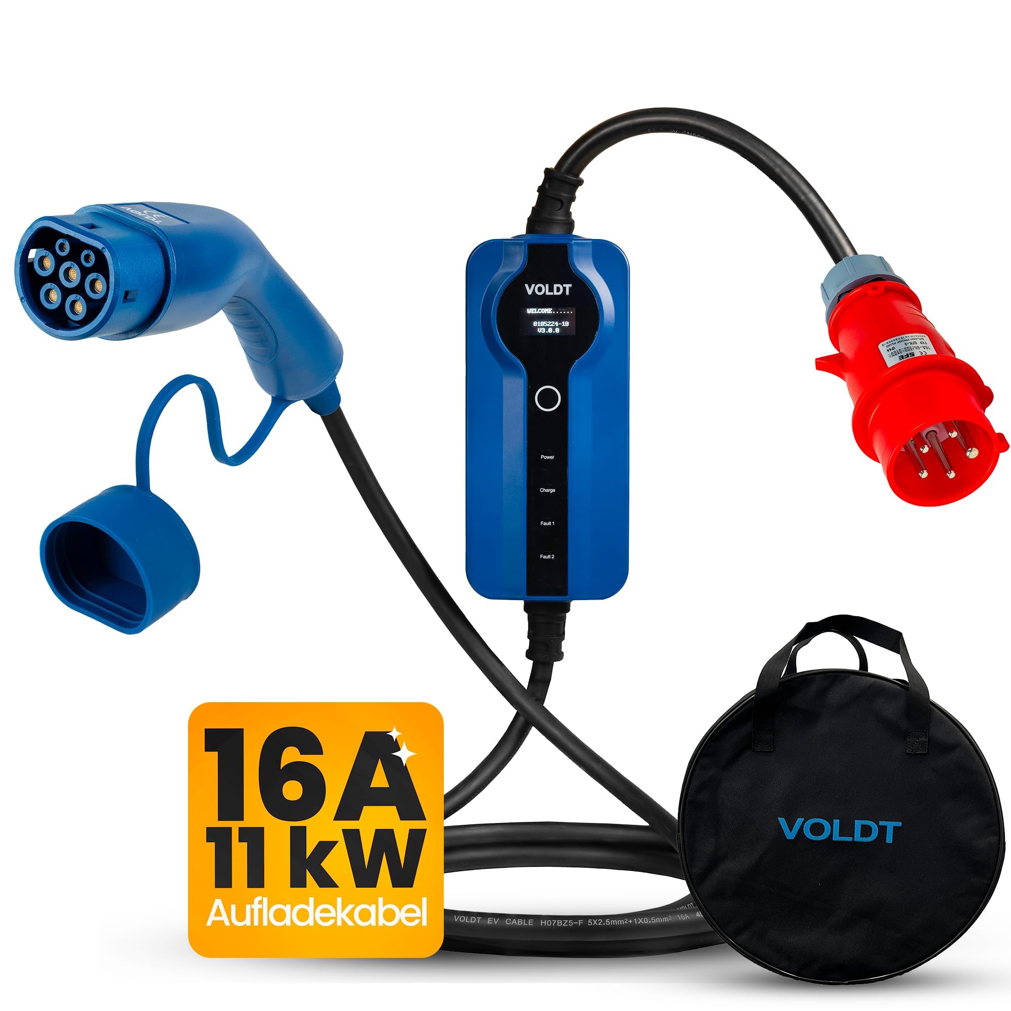 Voldt - Adaptador tipo 2 (terminal de carga) a enchufe Schuko tipo F 230V, 3,7kW, 8-16A, impermeable IP67, certificado CE/UKCA/TÜV (5 longitud)