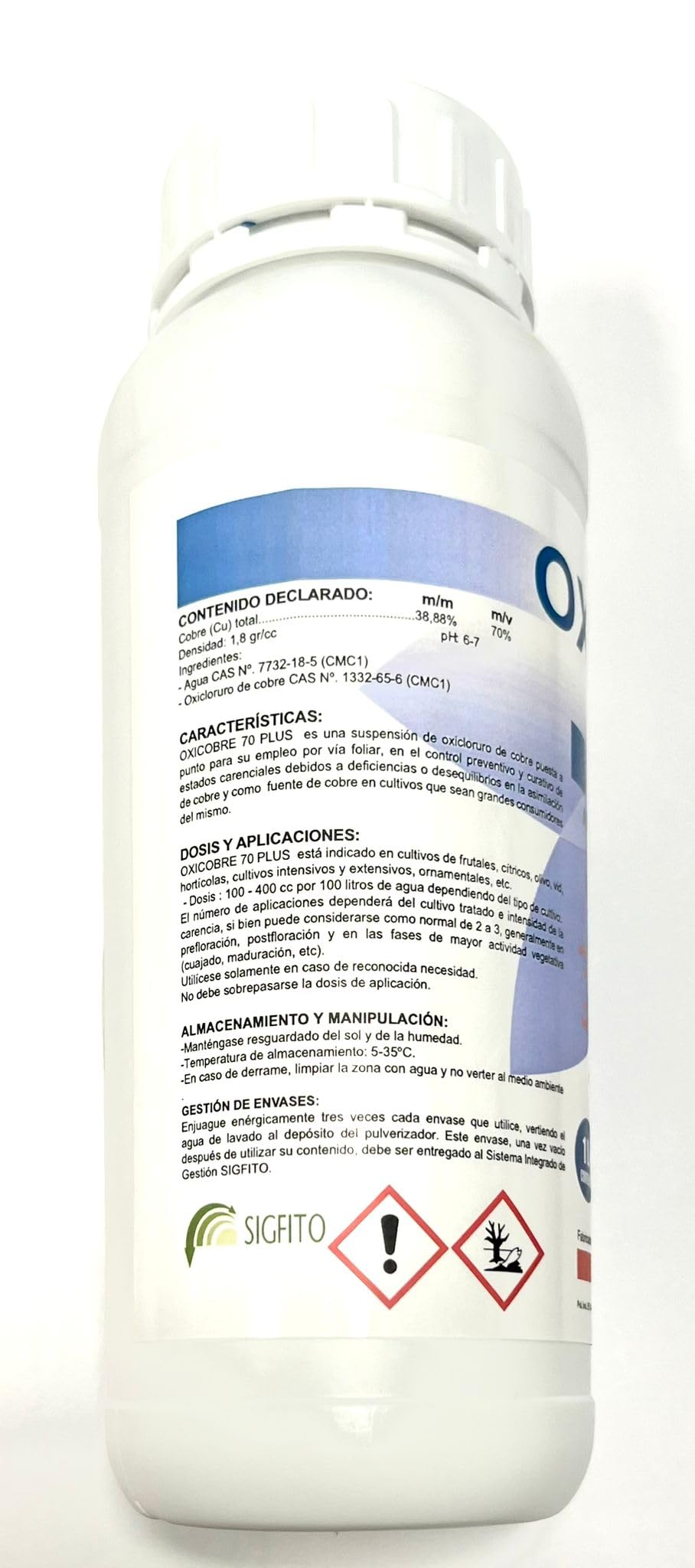 Oxicloruro de cobre 70% en 1 litro. Cobre liquido de color azul para tratamientos foliares de olivo, hortalizas... tomates, pepinos