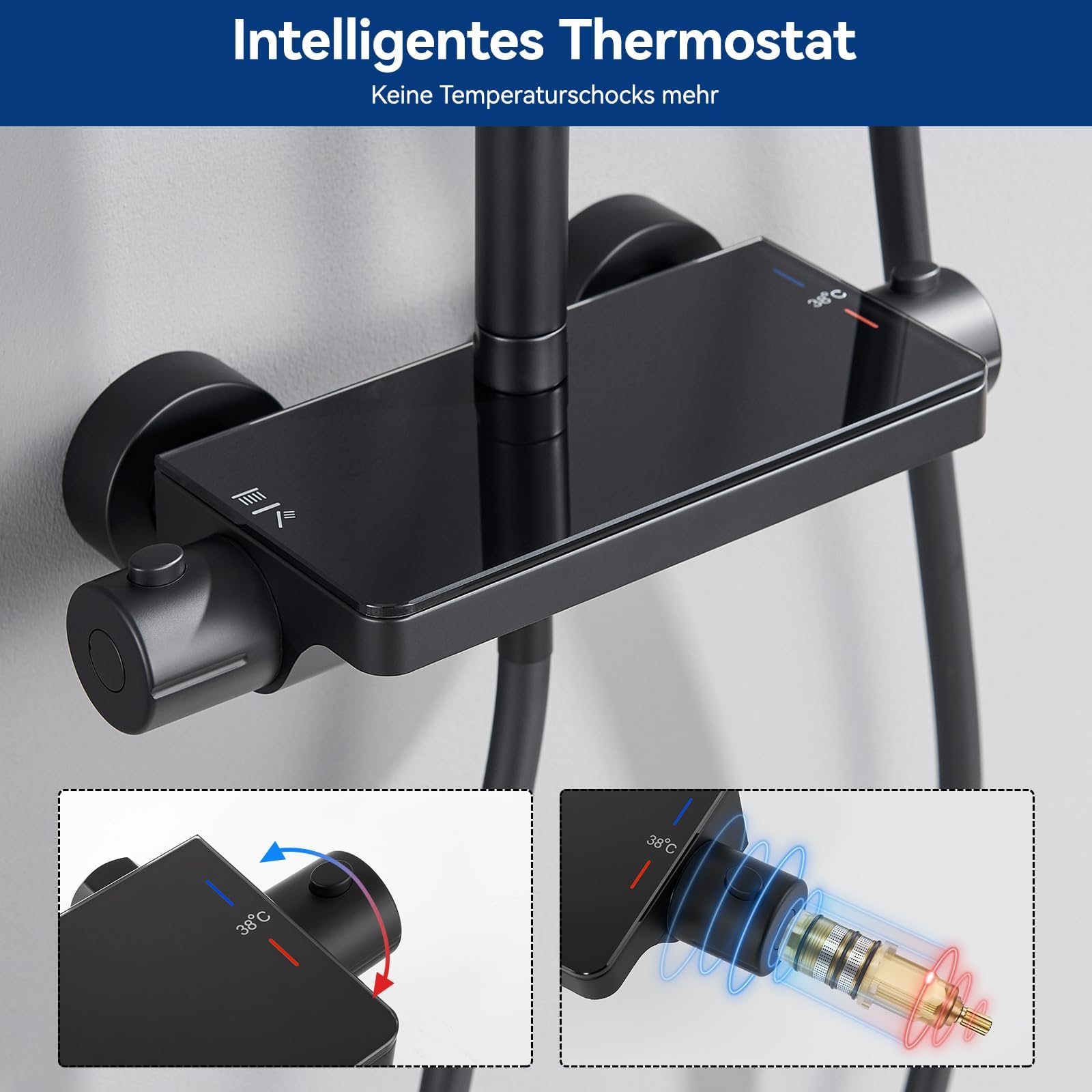Auralum Duschsystem mit Thermostat und Glasablage, Duscharmatur Komplettset mit 12 Zoll Regendusche Kopfbrause, 3 Strahlarten Duschkopf Wassersparend, Höhenverstellbare Duschstange, Eckig, Schwarz