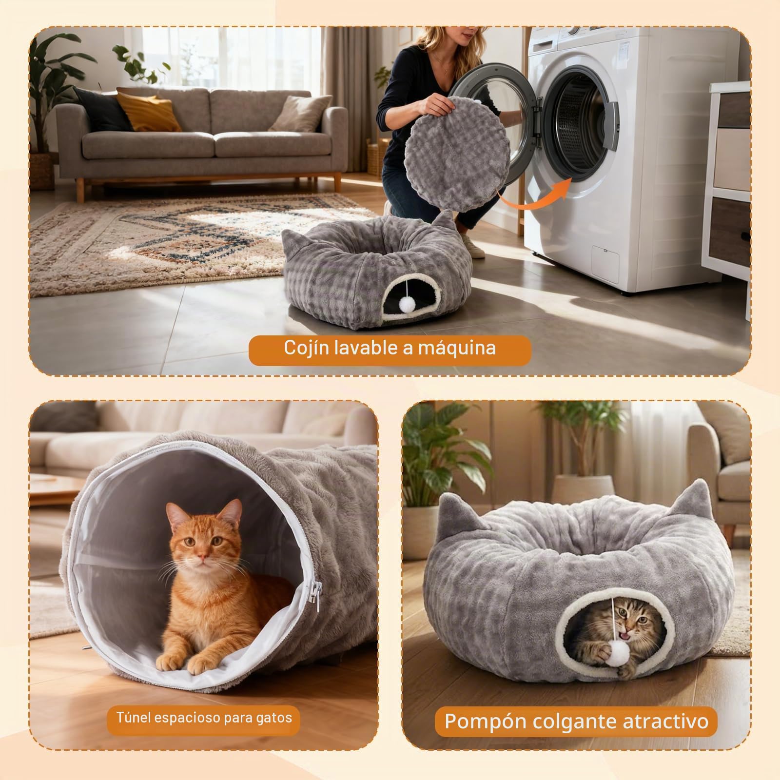 Tunel para Gatos, Túnel de Juego y Cama Gato 2 en 1 con Juguetes Colgantes, Cat Tunnel con 2 Entradas, Cojín Circular Lavable, Túnel para Gatos Plegable para Gatitos/Cachorros/Conejos