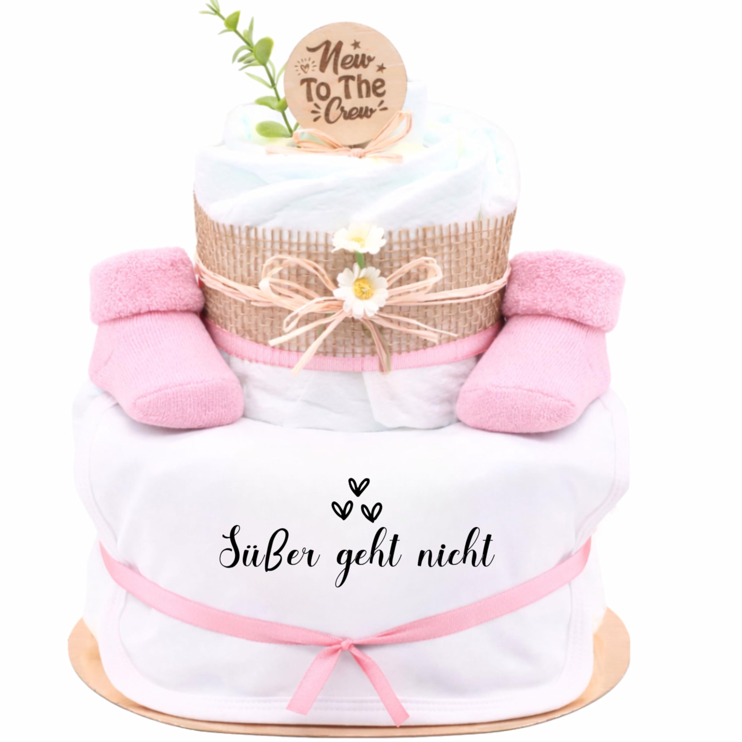 Trend Mama® | Windeltorte Mädchen Rosa – 27 Windeln Größe 2 – Babygeschenk zur Geburt – Babyshower Geschenk – Mit Babylätzchen & Babysocken – Geschenkset Erstausstattung (Design | Süsser geht nicht)