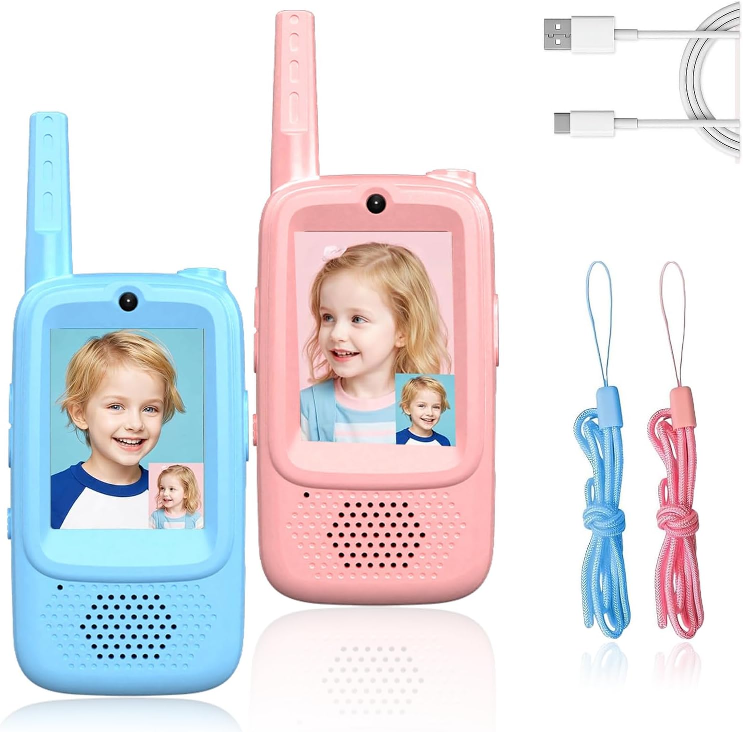 Video Walkie Talkies for Kids, 2 Pack Video Intercom with HD Camera & Voice, USB-C Rechargeable, for Outdoor Play, Indoor for Boys and Girls Ages 3-12 (Blue/Pink)