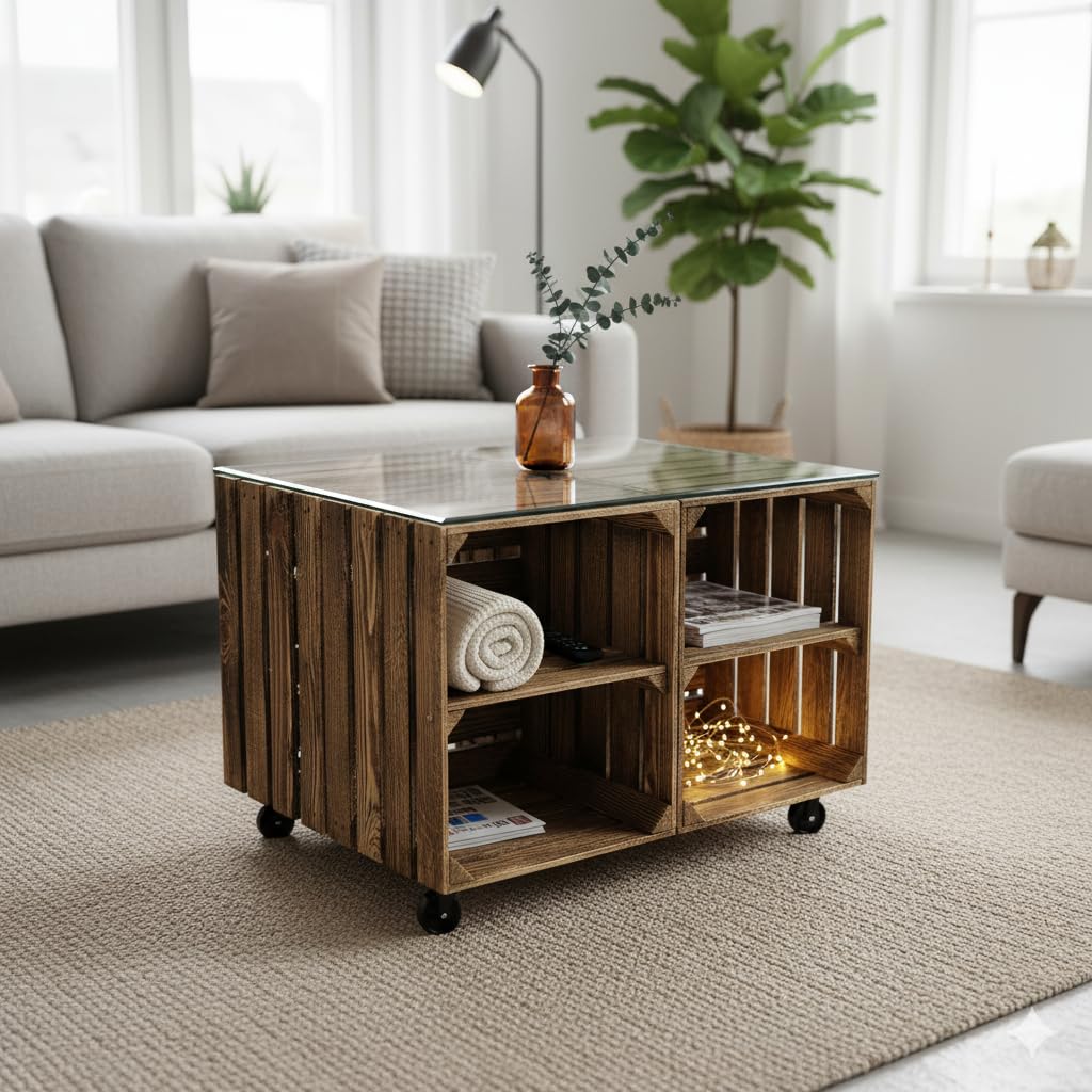 Teramico Holzkisten geflammt 50x40x30cm (4er Set | 2 x Boden Kurz) | Geflammte Vintage Weinkisten im Set als Regal oder zur Aufbewahrung nutzen. Perfekt für stilvolle Dekoration im Wohnzimmer.