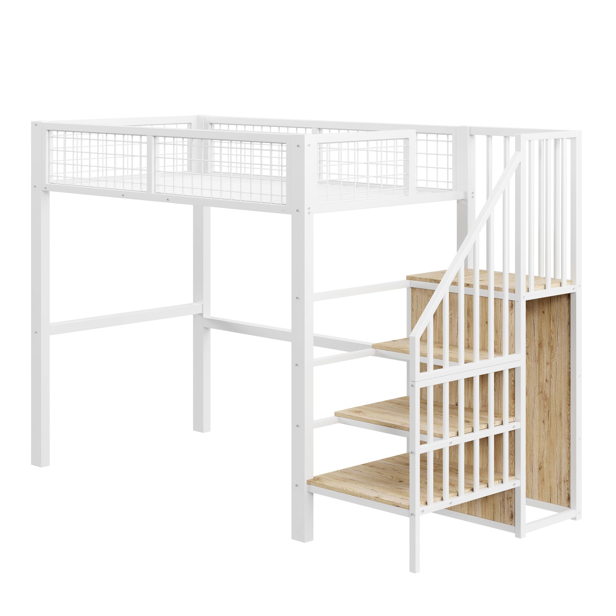 Moimhear Letto a soppalco 90 x 200 cm, letto in ferro con scaletta, lettino con telaio in ferro e scaffalatura, armadio (Bianco)