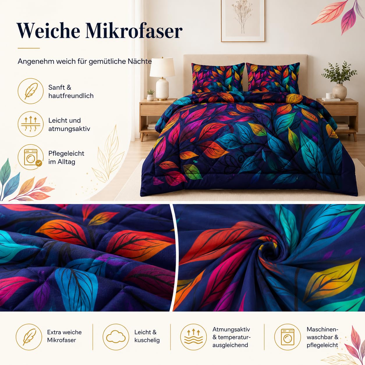 Bettdecke 135x200 4 Jahreszeiten, Bunt Blätter Steppdecke Leicht Microfaser Ganzjahresdecke Blatt Bettdecke Ohne Bezug Nutzbar Waschbar Schlafdecke mit 2 Kissenbezug 80x80cm