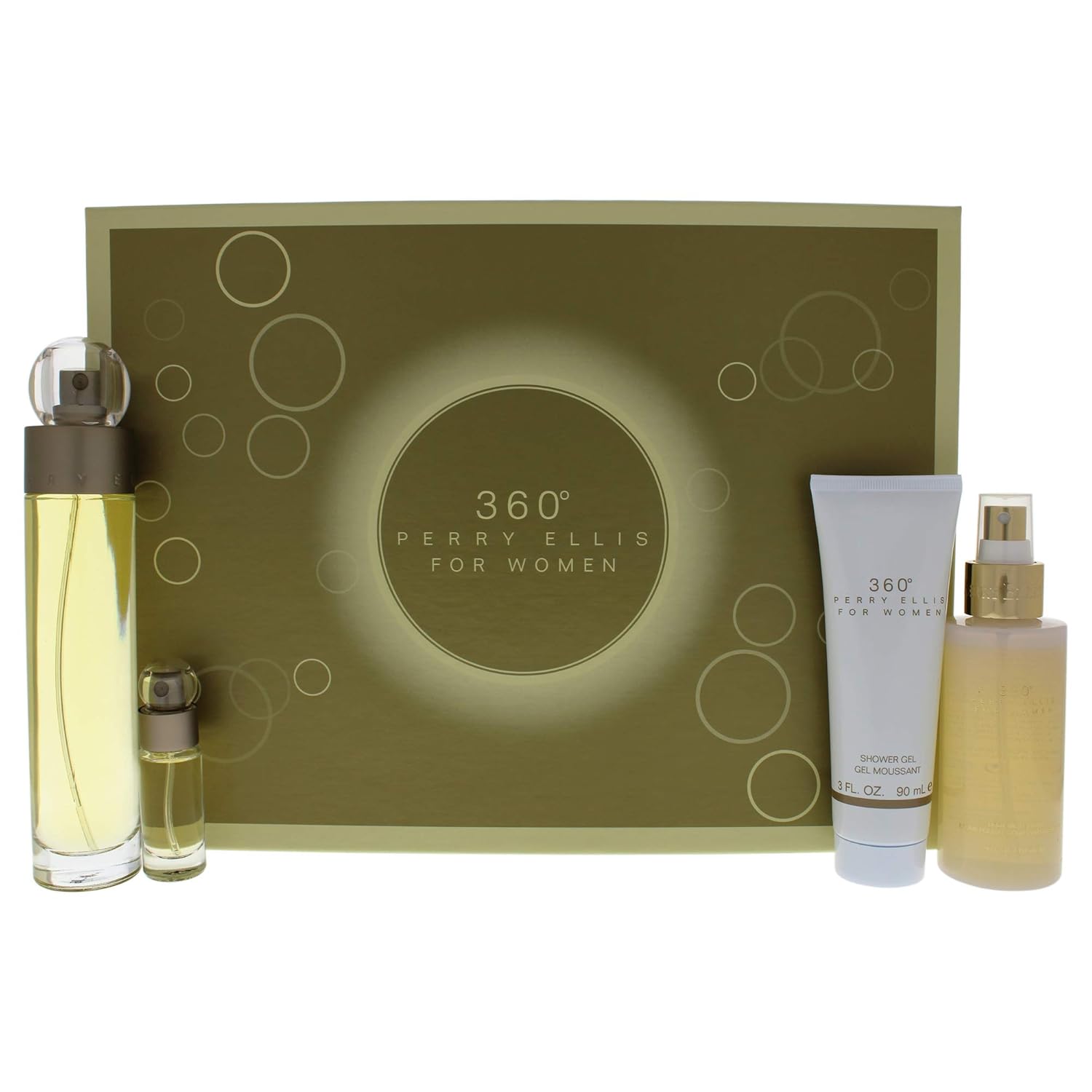 Perry Ellis 360 Women 3.4oz EDT Spray, 4oz Body Mist Spray, 3oz Shower Gel, 0.25oz EDT Spray 4 Pc Gift Set
