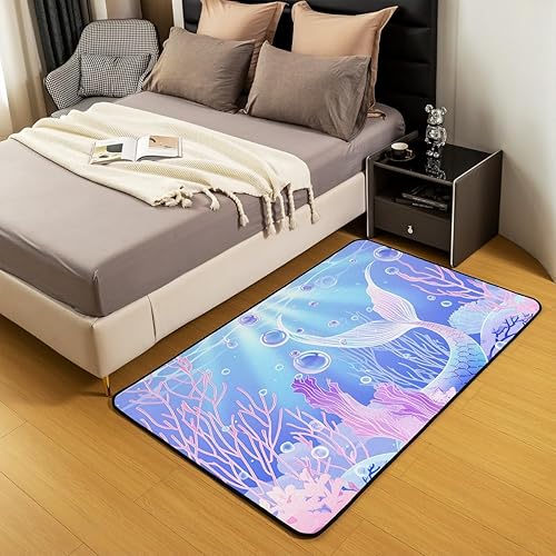 Miniatura 3 de Erosebridal Alfombra de cola de sirena para sala de estar, alfombras lavables Kawaii de animales marinos náuticos de 3 x 5 pies, alfombra de escamas
