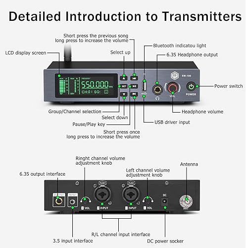 Miniatura 5 de EM100 UHF Wireless in Ear Monitor System 1 Channel 1 Bodypacks Mono IEM System para músicos, utilizado para escenario, banda, estudio de grabación y