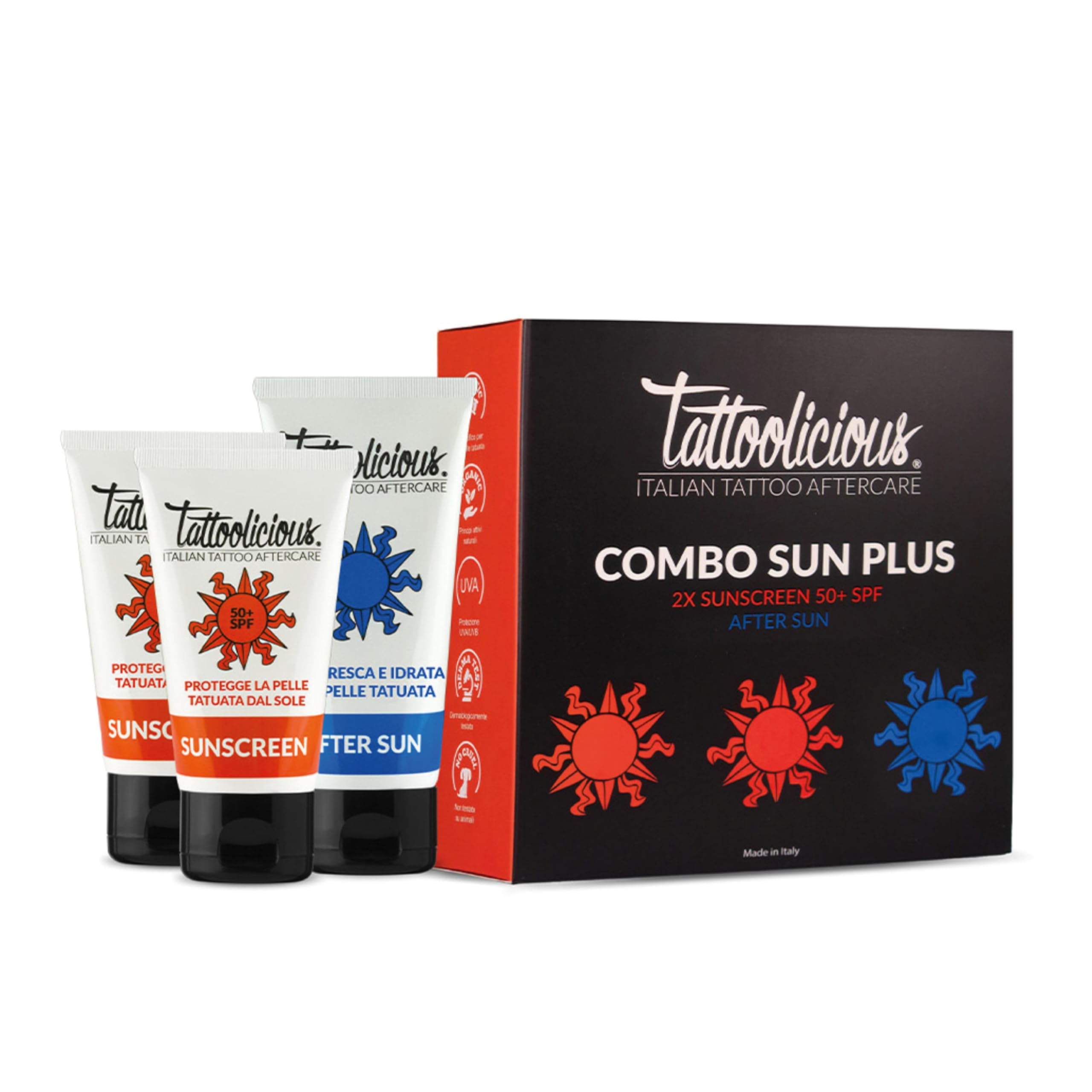 COMBO SUN PLUS - SUNSCREEN 50+ Anti - Verblassender Sonnenschutz für Tätowierungen, mit Biologische Wirkstoffen, 150 ml (2 Tuben à 75 ml) + AFTER SUN Aftersun für Tätowierungen, 100 ml