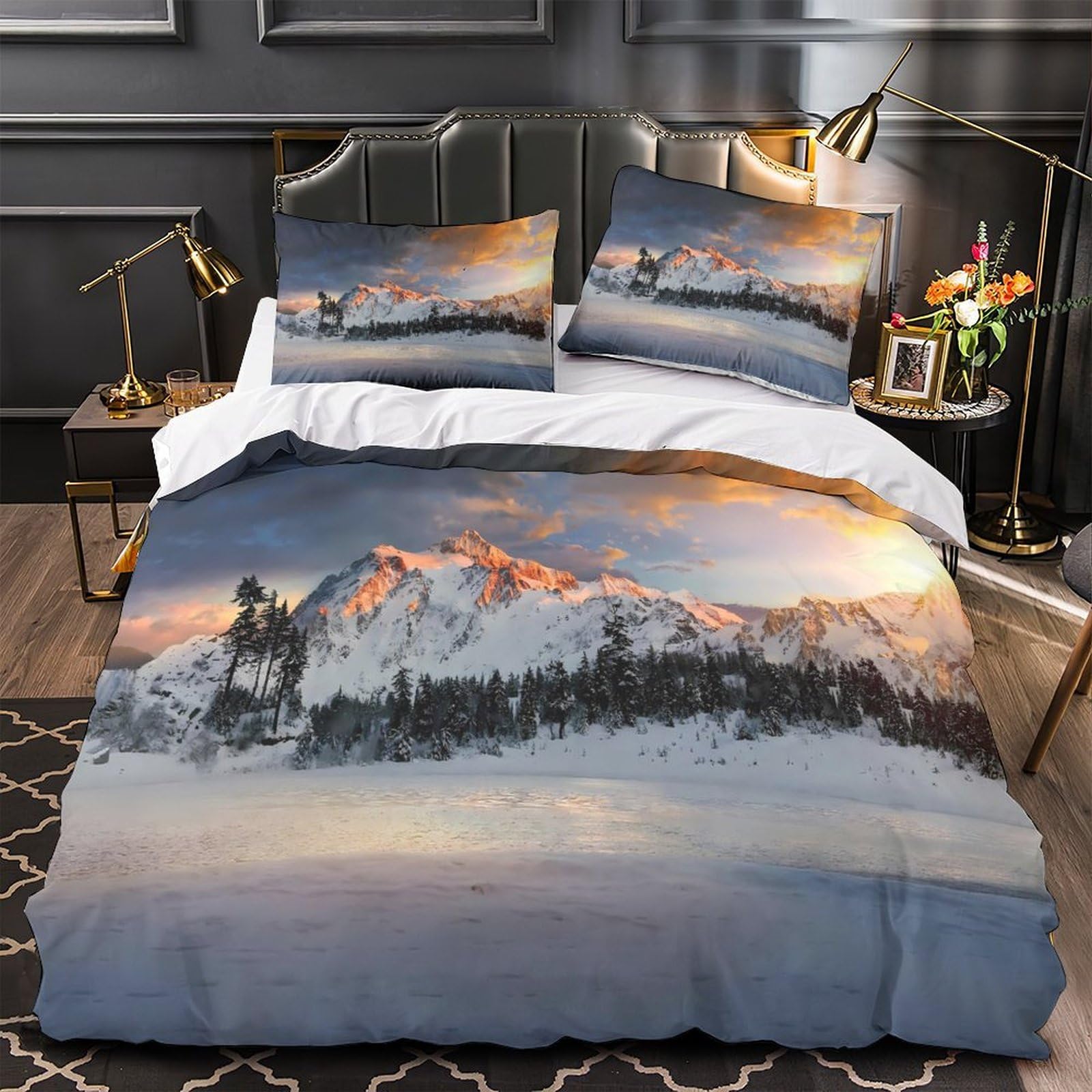 Parure de Lit Montagnes Enneigées Hypoallergénique en Microfibre Résistante avec Zip