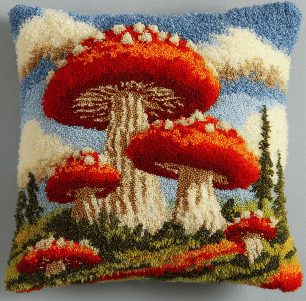 Kitquiver Latch Hook Rug Kits for Adults Mushrooms DIY Latch Hook Cushion Cross-Stitch Embroidery Cushion Cover for Home Sofa Decoration 17X17 in.