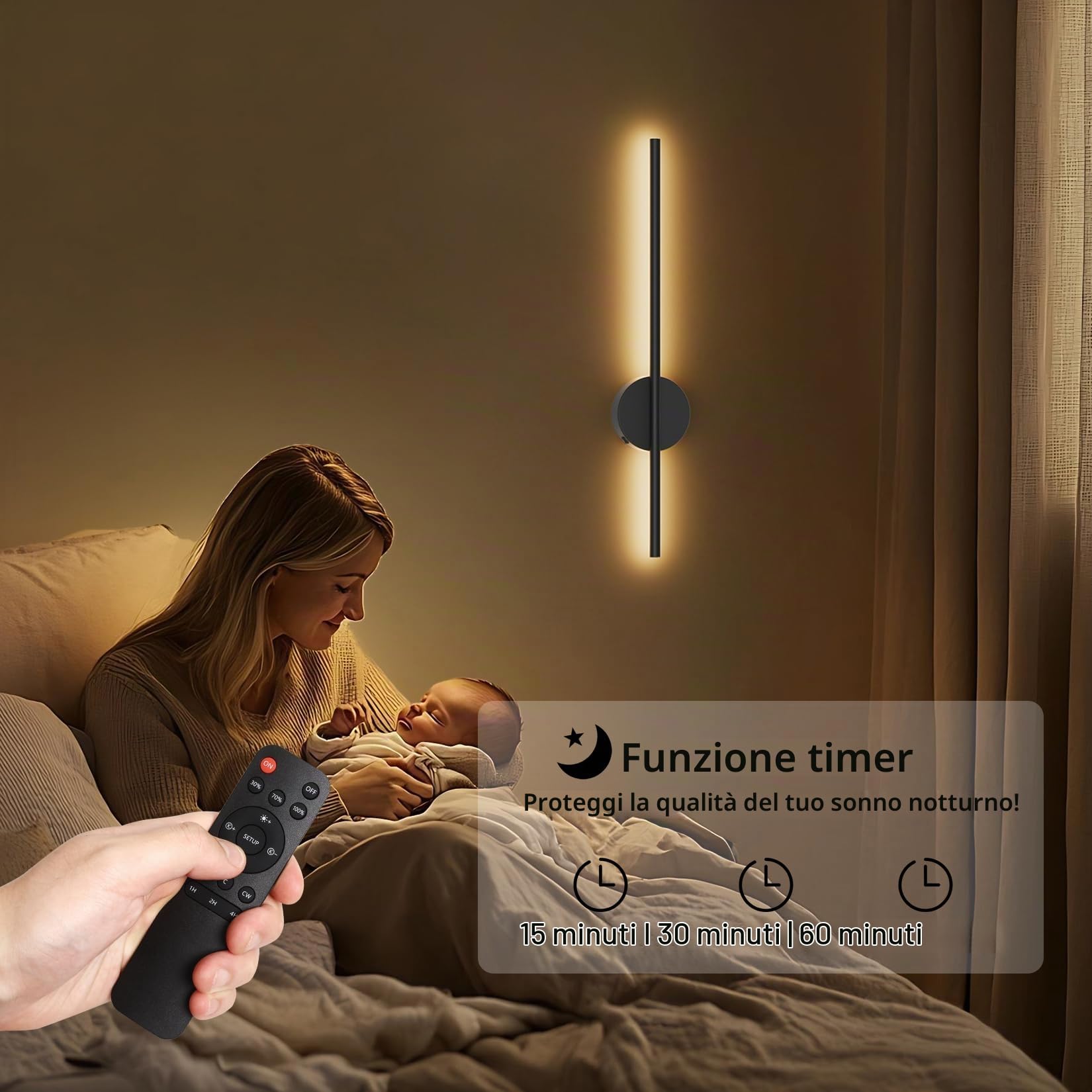 Aipsun 2pcs lampada da parete ricaricabile con telecomando per interni, 10000mAh - 60CM Nero 5W 360°lampada da soggiorno ruotabile con Temporizzazione e regolazione, 3000K-6000K, per camera da letto