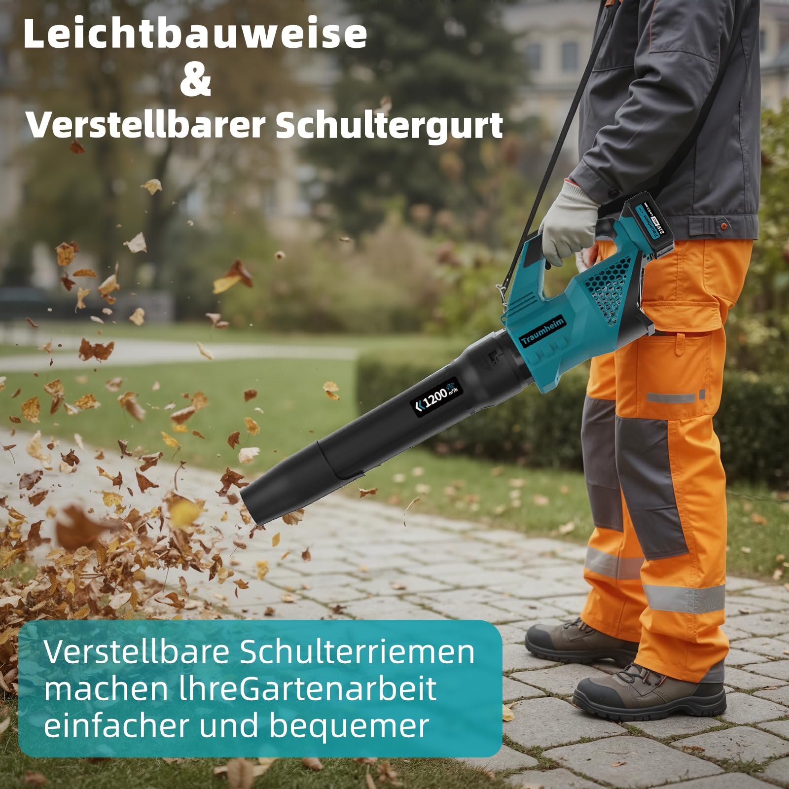 Akku Laubbläser, 3-Gang Kabelloser Elektrischer Laubbläser mit 2X 4.0Ah/21V Batterien, 1200m³/h Akkus Kabellos laubbläser für Garten, Laub, Staub & Schnee