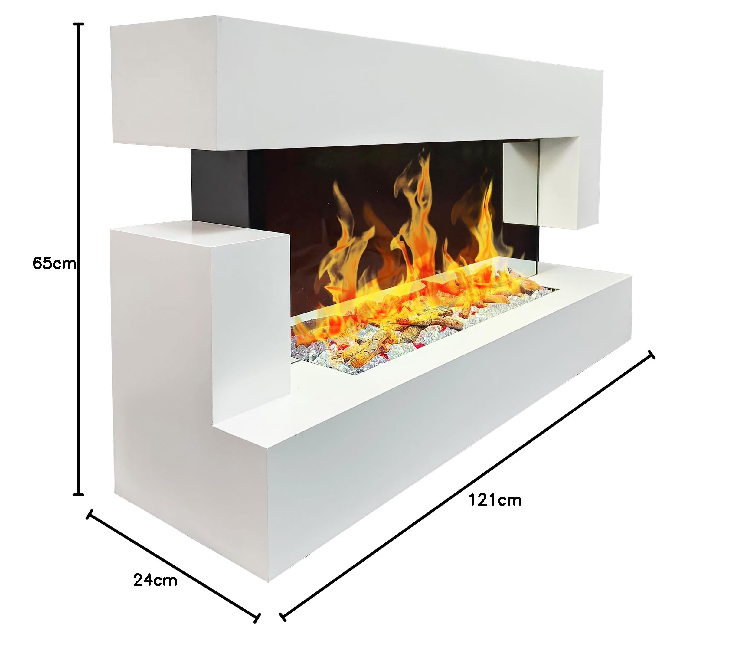 CHEMIN'ARTE Camino elettrico LED da parete Quarzt 120 cm - Bianco - Effetto fiamma LED - Telecomando, Caminetto con Timer e Controllo Automatico di Temperatura