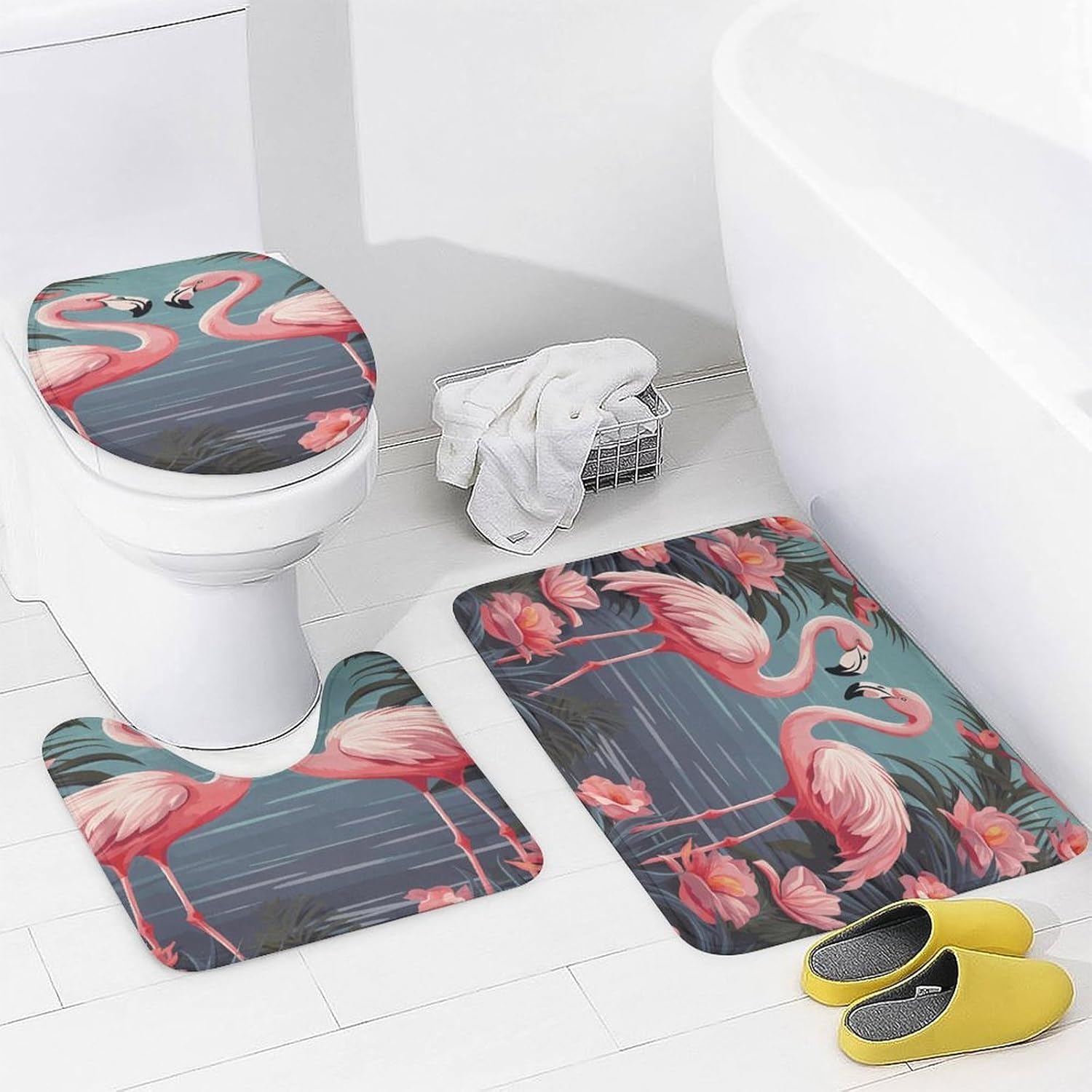 Flock of Tropical Flamingos 4Pcs Shower Curtain Set with Non-Slip Rugs, Toilet Lid Cover and Bath Mat,Bathroom Set Decor Accessories,Curtain Set with 12 Hooks, 72 X 72 Inch