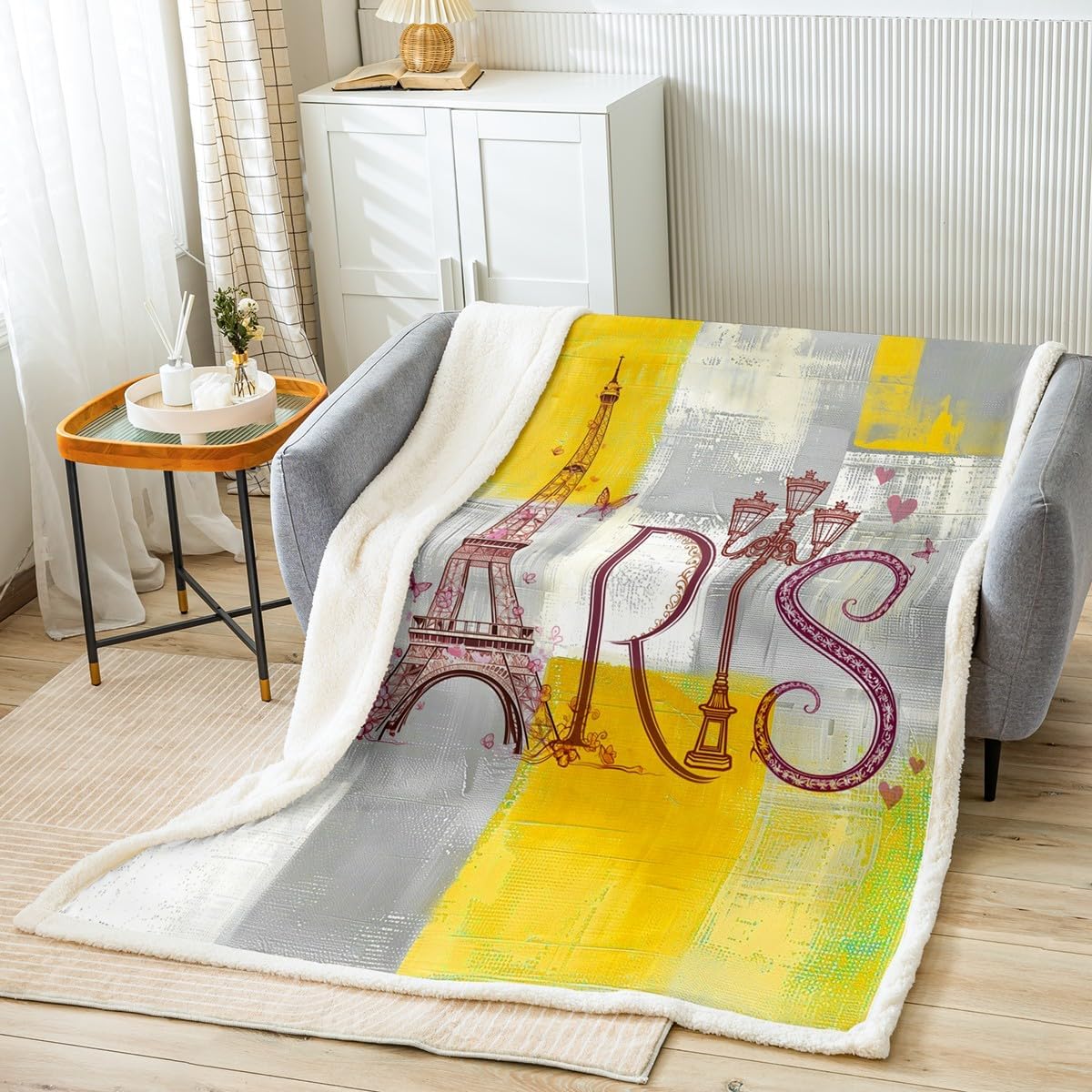 Erosebridal Yellow Tie Dye Throw Blanket for Couch Ombre Paris Eiffel Tower Fleece Blanket, Modern Gradient Sherpa Blanket Abstract Oil Painting Blanket, Watercolor Artwork Bed Blanket