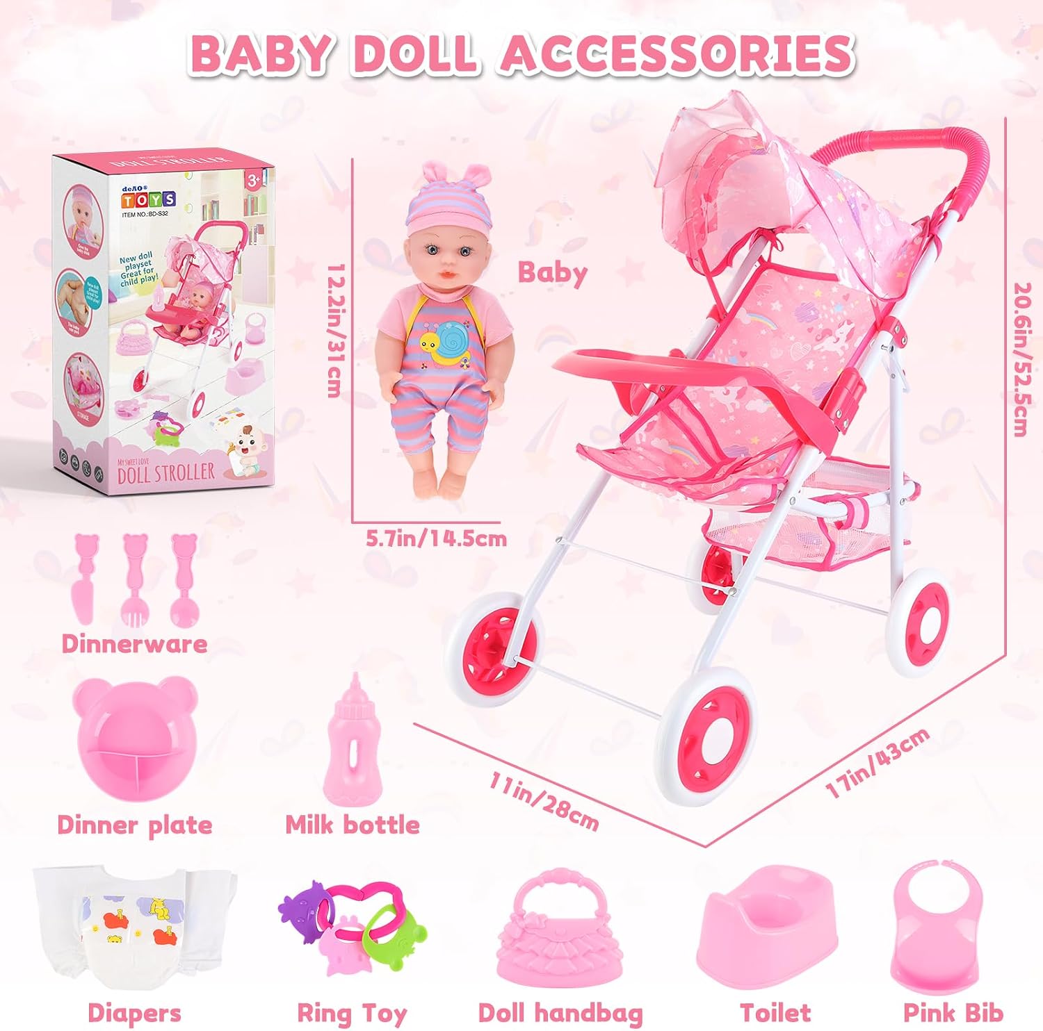 deAO Baby Doll Stroller 12" Baby Doll Set with Foldable Stroller 15 PCS Accessories for Toddlers 3-5 Christmas Birthday Gifts