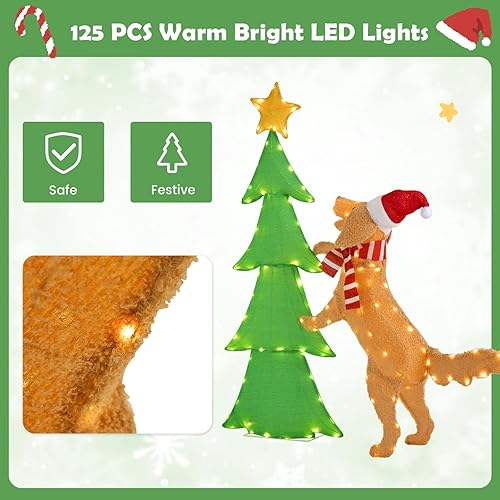 Miniatura 9 de Tangkula Decoración de árbol de Navidad iluminado de 4.5 pies, árbol de Navidad de oropel iluminado con perro de peluche, decoración de vacaciones