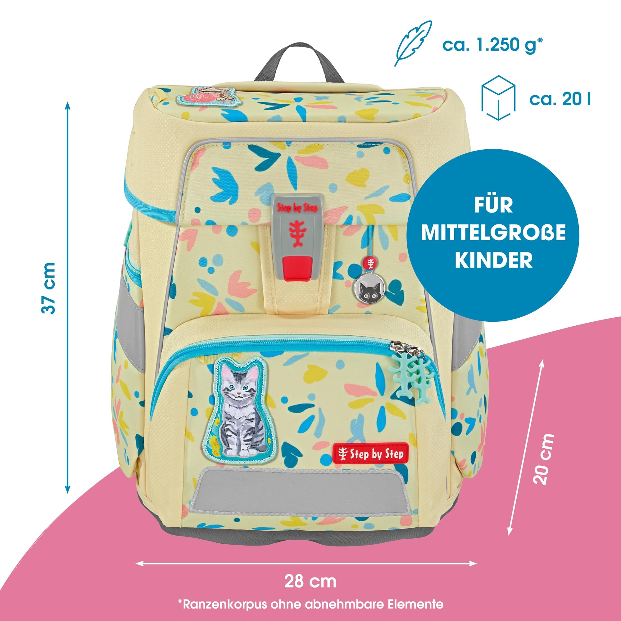Step by Step Schulranzen-Set Space „Cat Lilly“ 5-teilig, gelb, Katzen-Design, ergonomischer Tornister mit Reflektoren, höhenverstellbar mit Hüftgurt für Mädchen ab der 1. Klasse, 20L