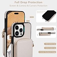 Vista 4 de Keallce Funda compatible con iPhone 15 Pro Max de 6.7 pulgadas, cremallera cruzada con ranuras para tarjetas de bloqueo RFID, soporte, cordón y Beige