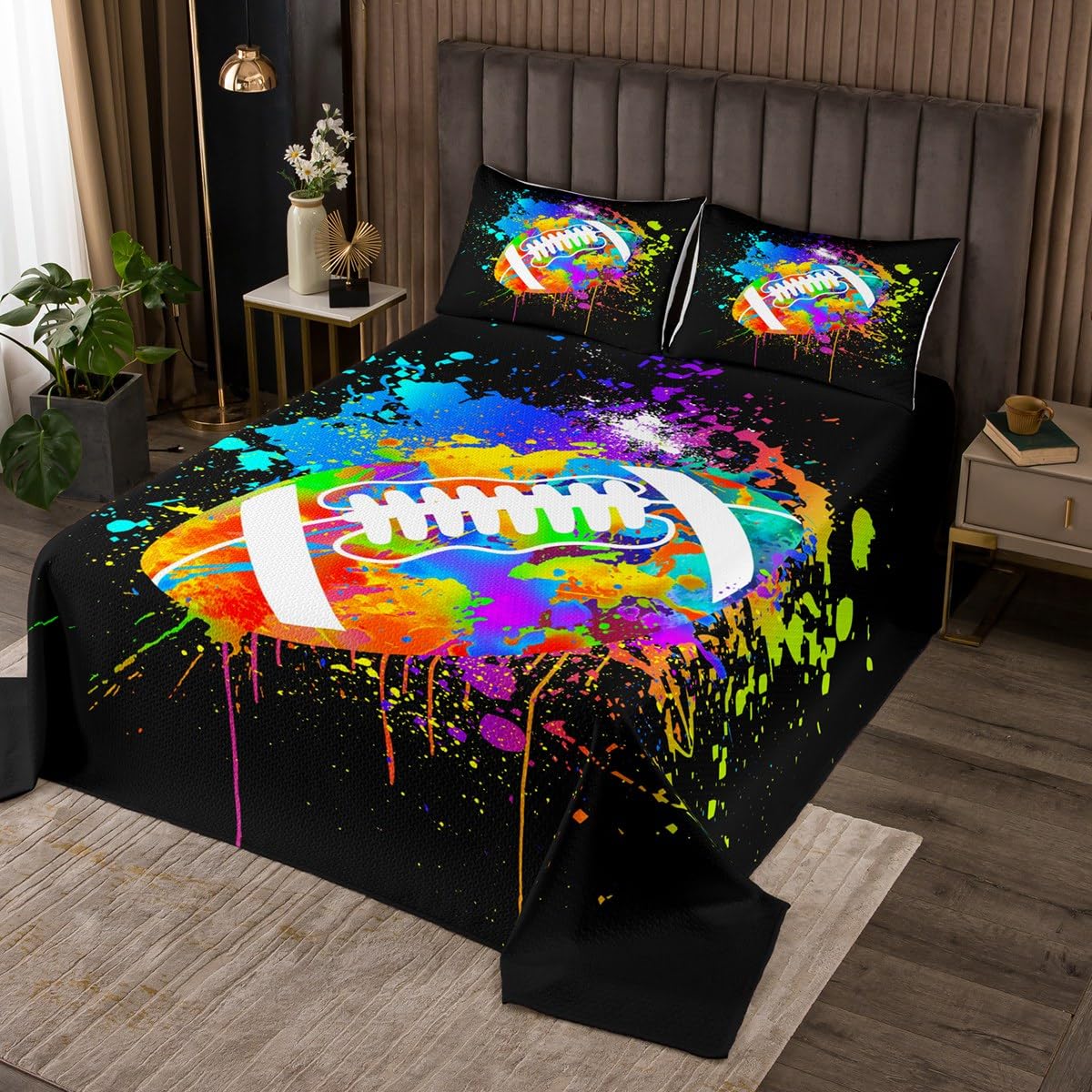 Football Bedspread Set Queen Size for Kids,Boys Watercolor Tie-dye Quilt Set American Football Bedspread Coverlet Black Hippie Graffiti Bedspread 3 Piece Decorative Bedding Quilted with 2 Pillow Shams