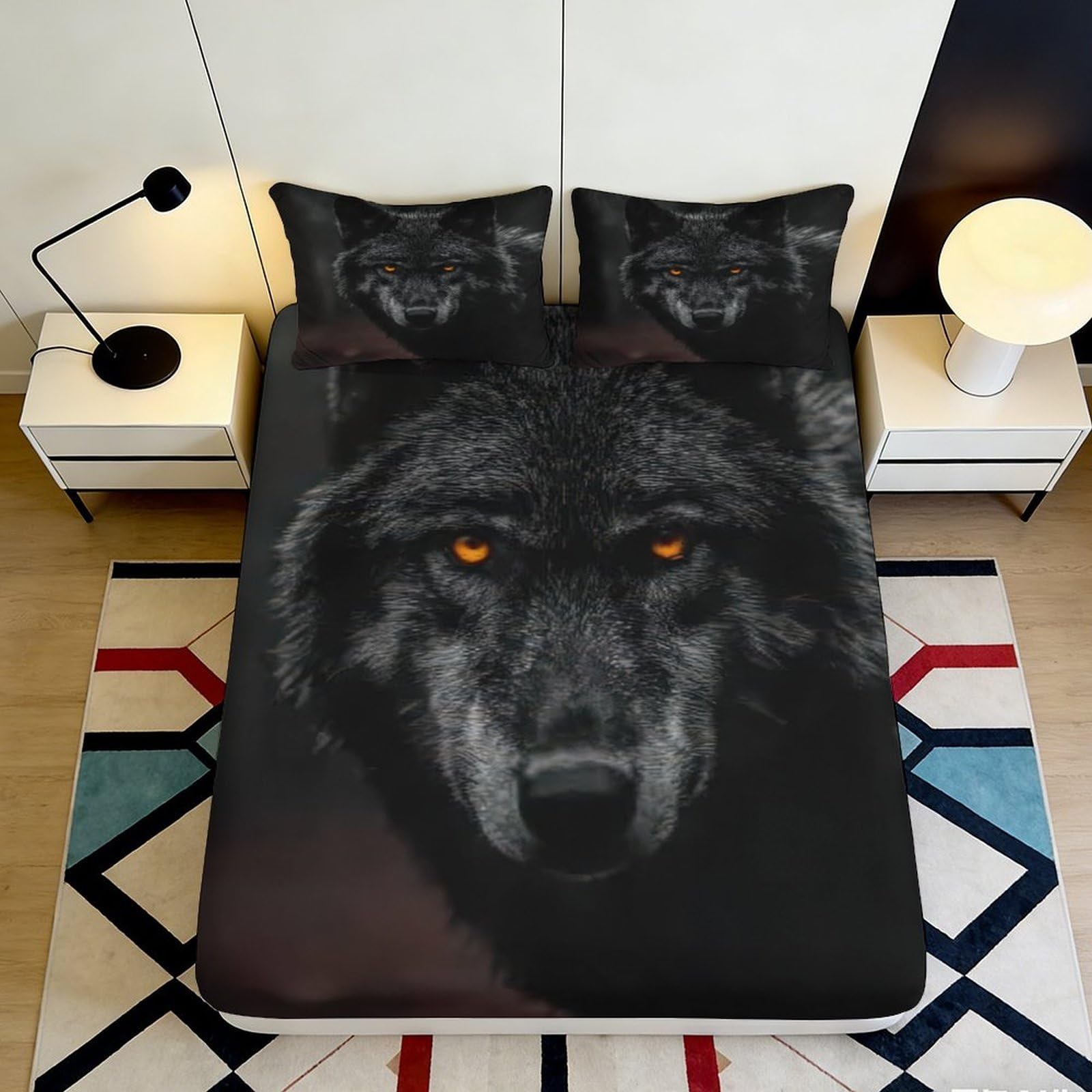3D Printed Black Wolf Fitted Sheet Microfiber Soft Durable 3D Printed Wolf Face Bed Cover for Bedroom Dormitory Guest Room Mattress Protection 120x200x25cm