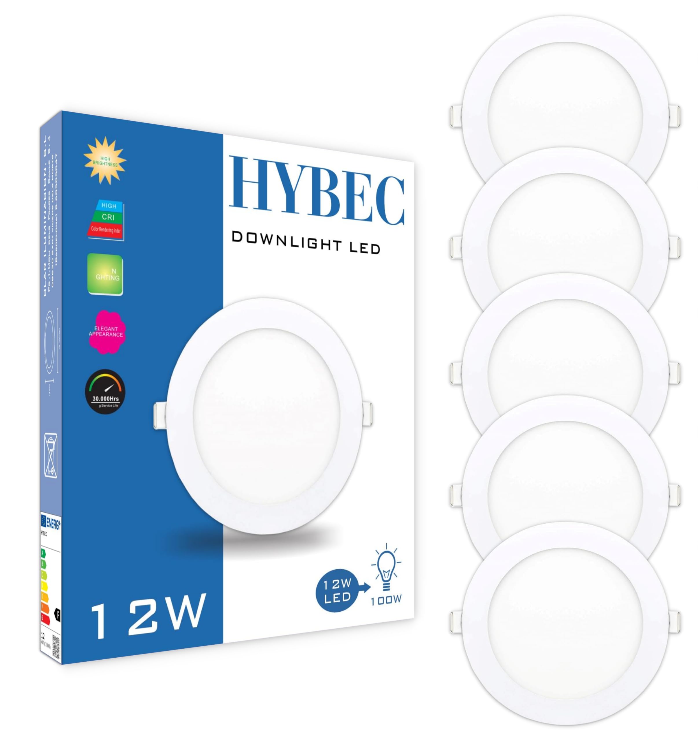 CLAR Hybec - Downlight LED techo empotrable, Luz Cálida 3000ºK 12W (Pack 5)