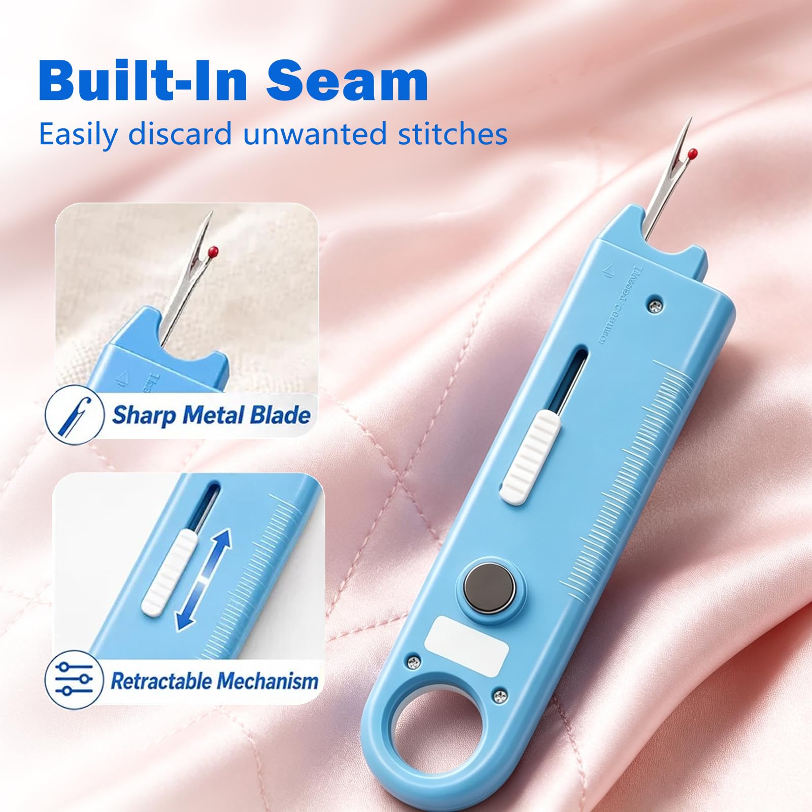 Infila aghi automatico rapido per macchina da cucire, attrezzo multiuso 4 in 1 con righello e lente d'ingrandimento integrati, guida magnetica per cuciture, strumenti da cucito (rosso + blu)