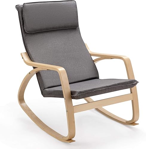 Safstar - Mecedora de madera dura, cómoda silla mecedora de tela con acento relajante con llama de metal y madera, sillones mecedores para guardería
