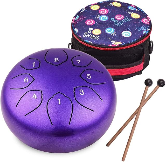 Steel Tongue Drum 6 inches 8 Notes Percussion Instrument C-Key Handpan Drum with Bag,Couple of Mallets Wiping Cloth for Musical Education Concert Yoga(Purple)