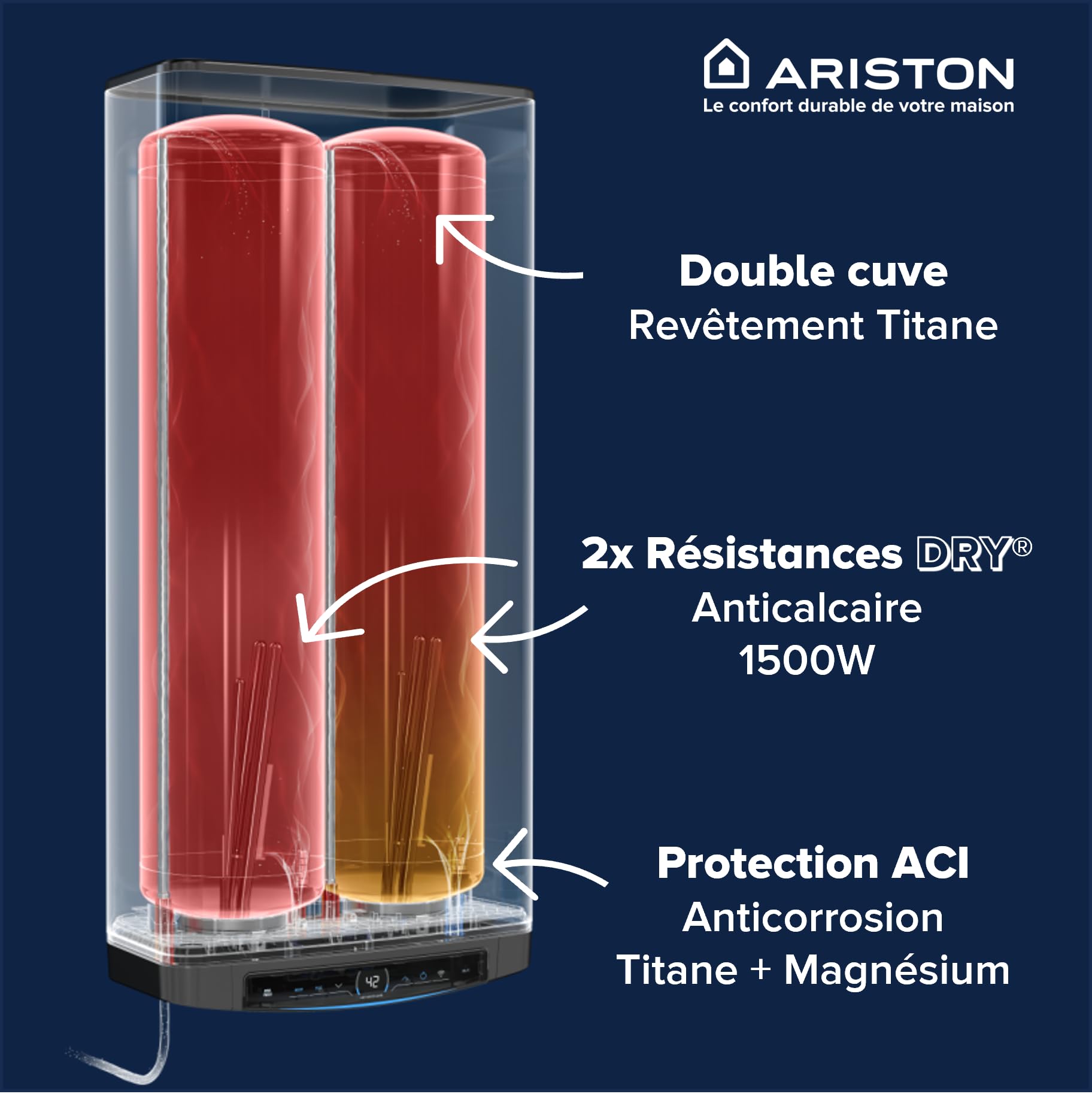 Ariston Velis Evo Dune Dry WiFi 80L Chauffe-Eau Plat Multiposition, Résistances DRY x2 Anti-Calcaire, 25% Économie d'Énergie, Certifié NF, Garantie Remplacement à Vie