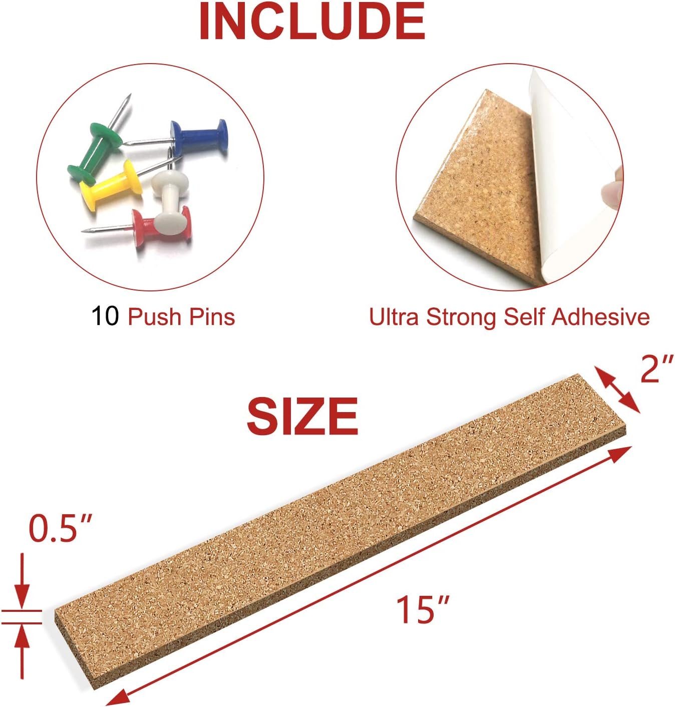 ODOME 2 Pcs Cork Board Strips 15" x 2"- 1/2" Thick,100% Natural Cork Bulletin Bar Strips,Ultra Strength Adhesive Backing