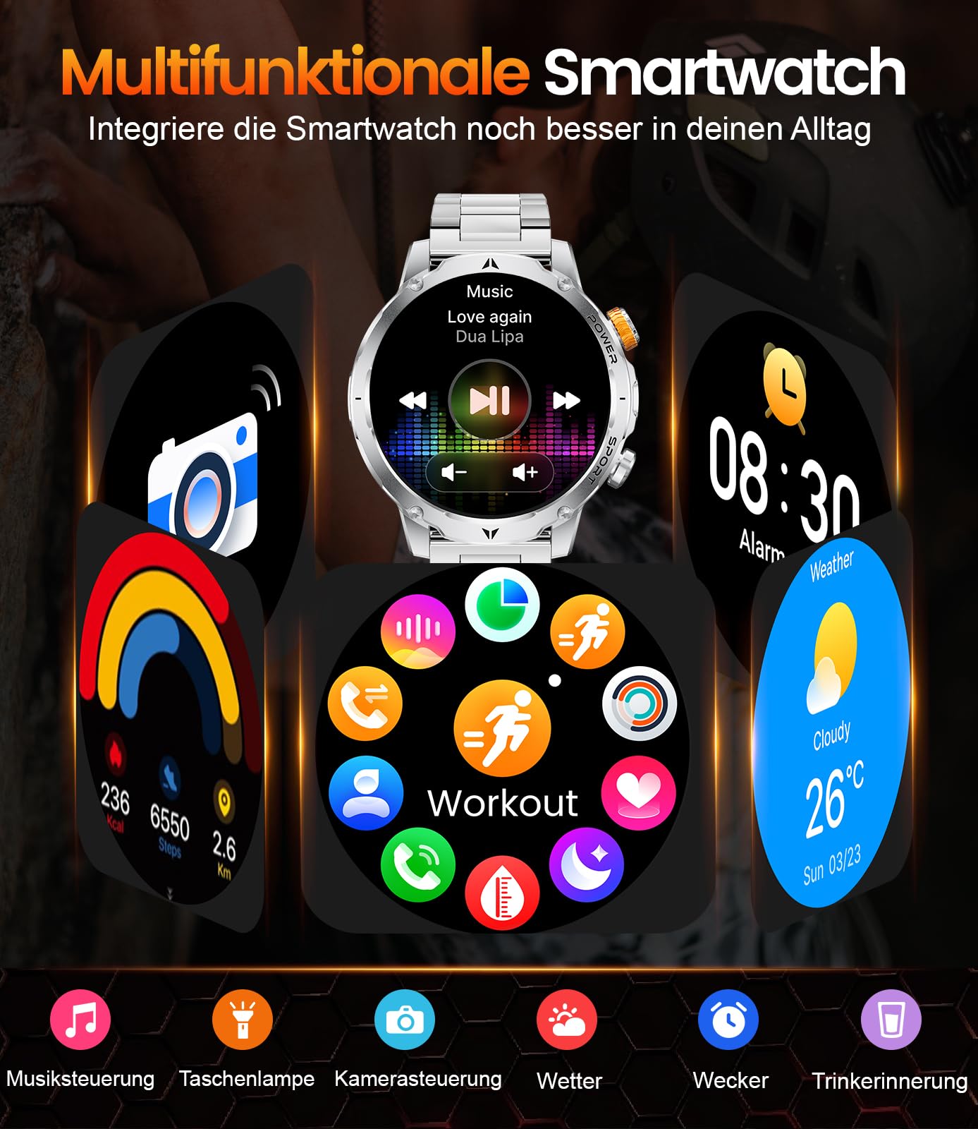 SUNKTA Smartwatch Herren Militär 1000 mAh großer Akku 1,7″ HD Bluetooth Anrufe Smartwatch für iOS Android Fitnessuhr,Herzfrequenz/Schlafmonitor/Schrittzähler,3 Armbänder,2 Ladekabel,Silber Sportuhr