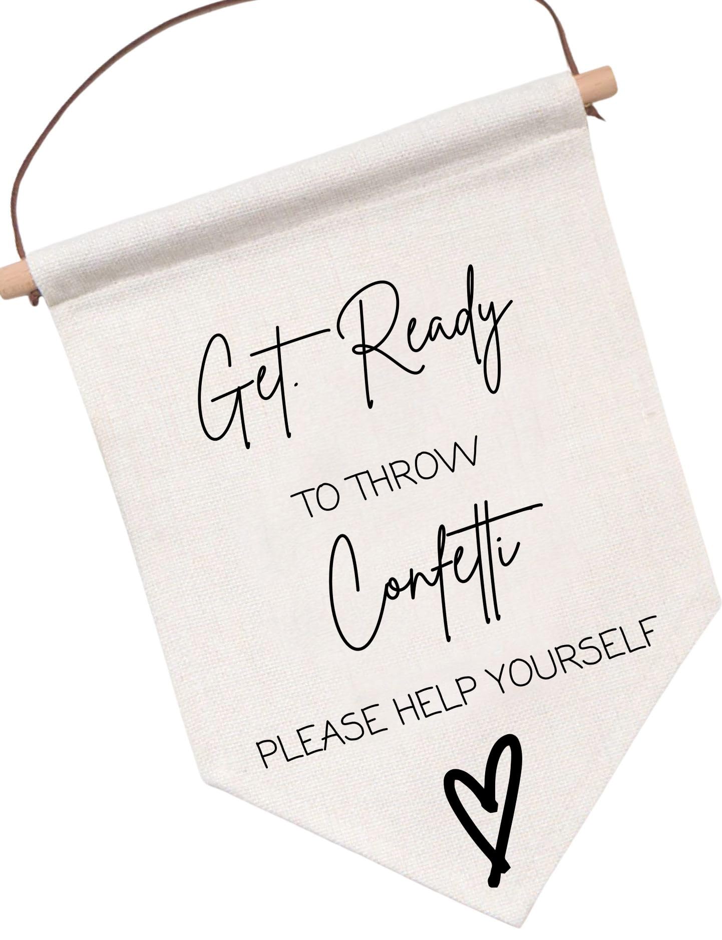 Uniquepgifts Boys Beige Confetti Wedding Signs For Ceremony Or Reception, Custom Flag, Aisle Banner, Page Flower Girl Accessories, Boho, Minimalist, Rustic Natural Wedding Decor (Get Ready To Throw The Confetti)