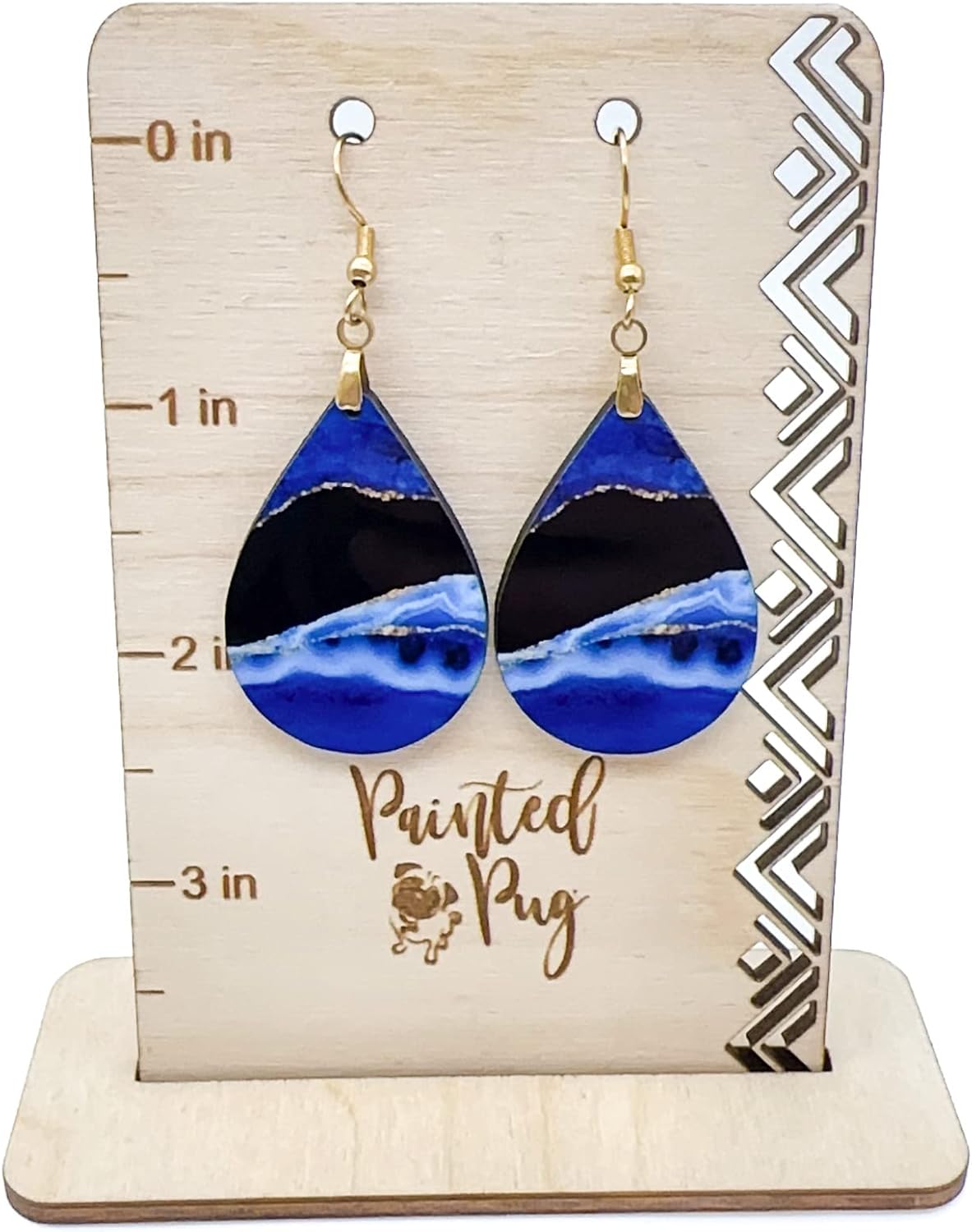 Blue Earrings for Women with Gold Black Dangle Printed MDF Wood Teardrop Double Side Print Handmade by The Painted Pug 2 Pairs Included