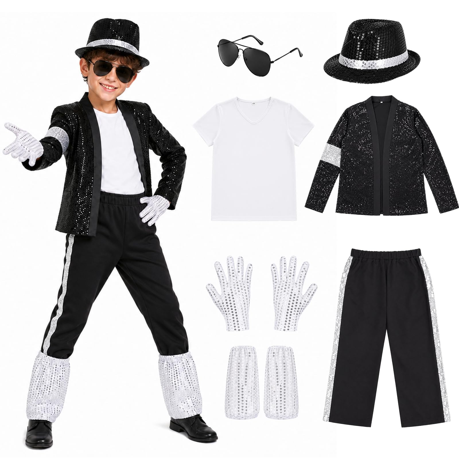 Jirmerp 80s Pop King Costume for Kids, Retro Dance Star Halloween Party Outfit (130)