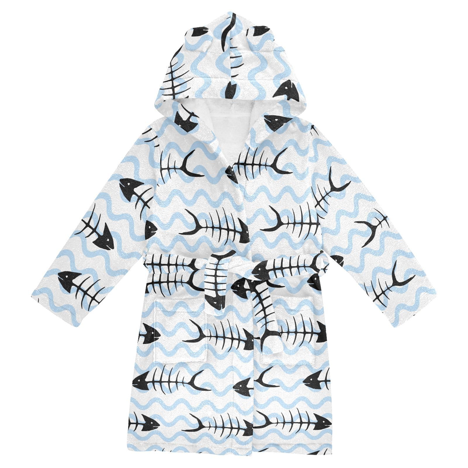 WIFIU Toddler Baby Hooded Bathrobe for Boys Girls Carp Fish Skeleton Bones Printed, Soft Plush Bath Towel Robe with 2 Pockets for 2-3 Years