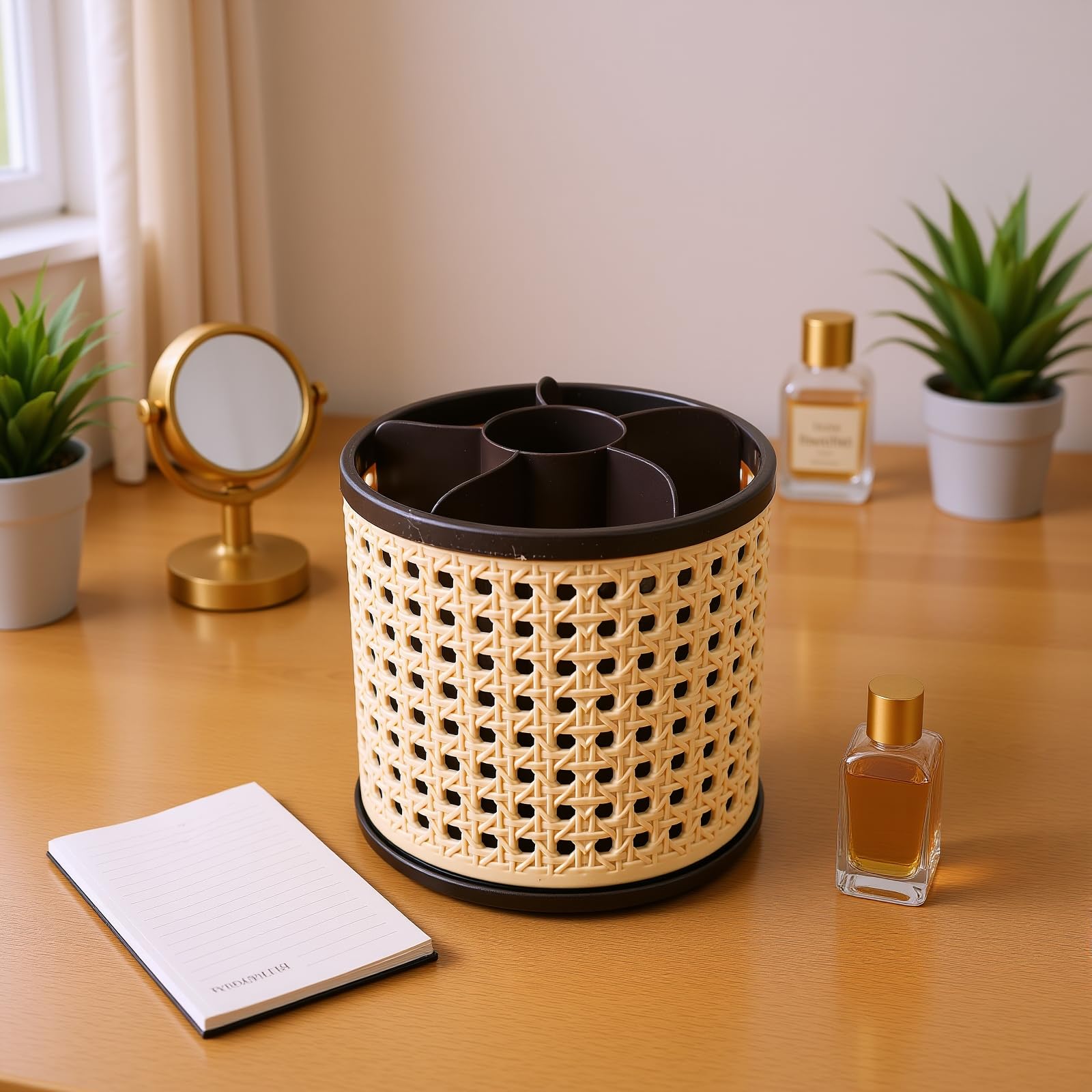 Wakects Porta Pennelli per Trucco Girevole, Organizer in Plastica di Alta qualità con Rotazione a 360 Gradi, Scomparti Multipli per Camera da Letto e Ufficio (BROWN)