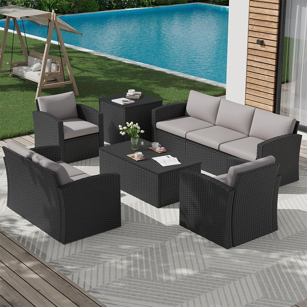 patio outdoor sofa for balcony, garden, terrace 7 seater | weather resistant rattan & wicker sofa set with ottoman & side table | 7 seater outdoor sofa (grey)
