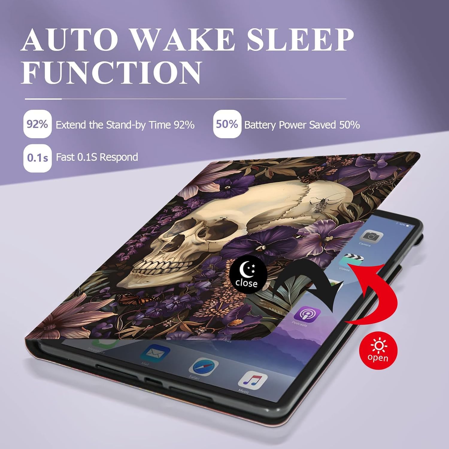 Case for Samsung Galaxy Tab A7 Lite 8.7 inch, Ultra-Thin Lightweight Smart Cover, PU Leather Adjustable Stand Protective Case, for Galaxy Tab A7 Lite 2021 SM-T220/T225/T227, Purple Flower Skull image 3