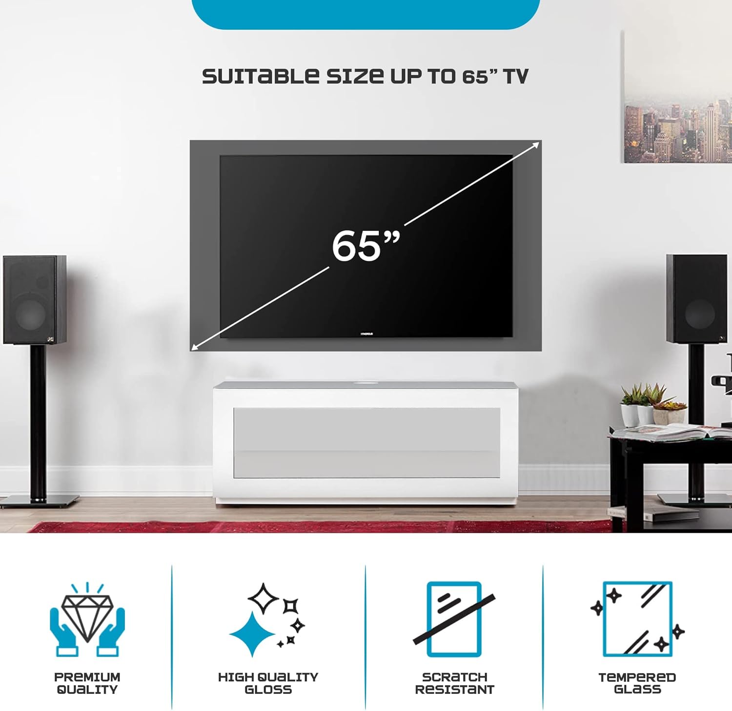 Close-up views highlighting key features of the SONOROUS ST-110 TV Stand, including hidden casters, efficient storage, push-to-open doors, and ventilated design.