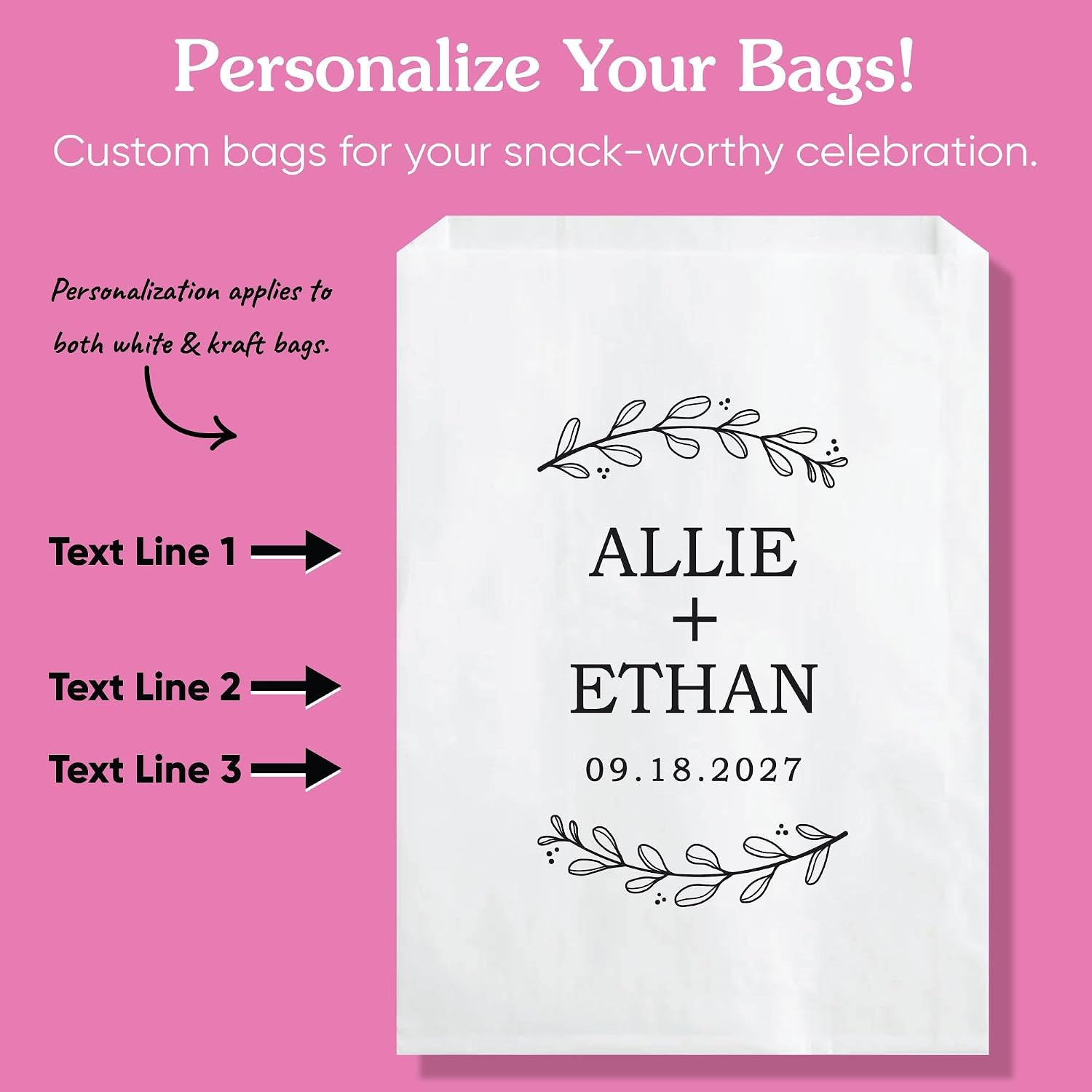 Big Dot of Happiness Personalized Rustic Leaves Paper Treat Bags, Custom Wedding Party Individual Candy Snack Favors, Greaseproof Kraft Brown Sandwich Cookie Bags - 25 Count